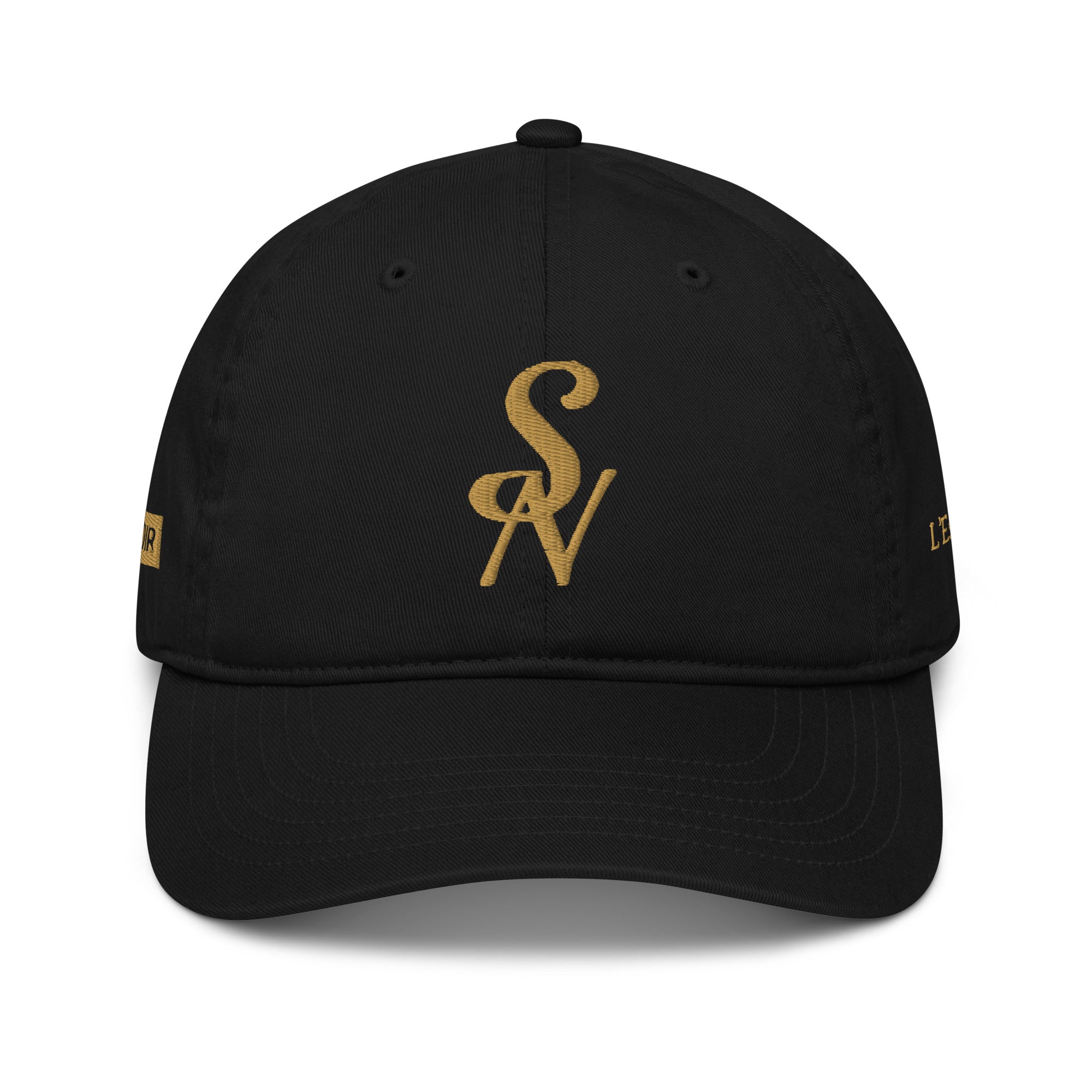 Black organic cotton luxury cap with gold SV logo embroidery by SAVANT NOIR