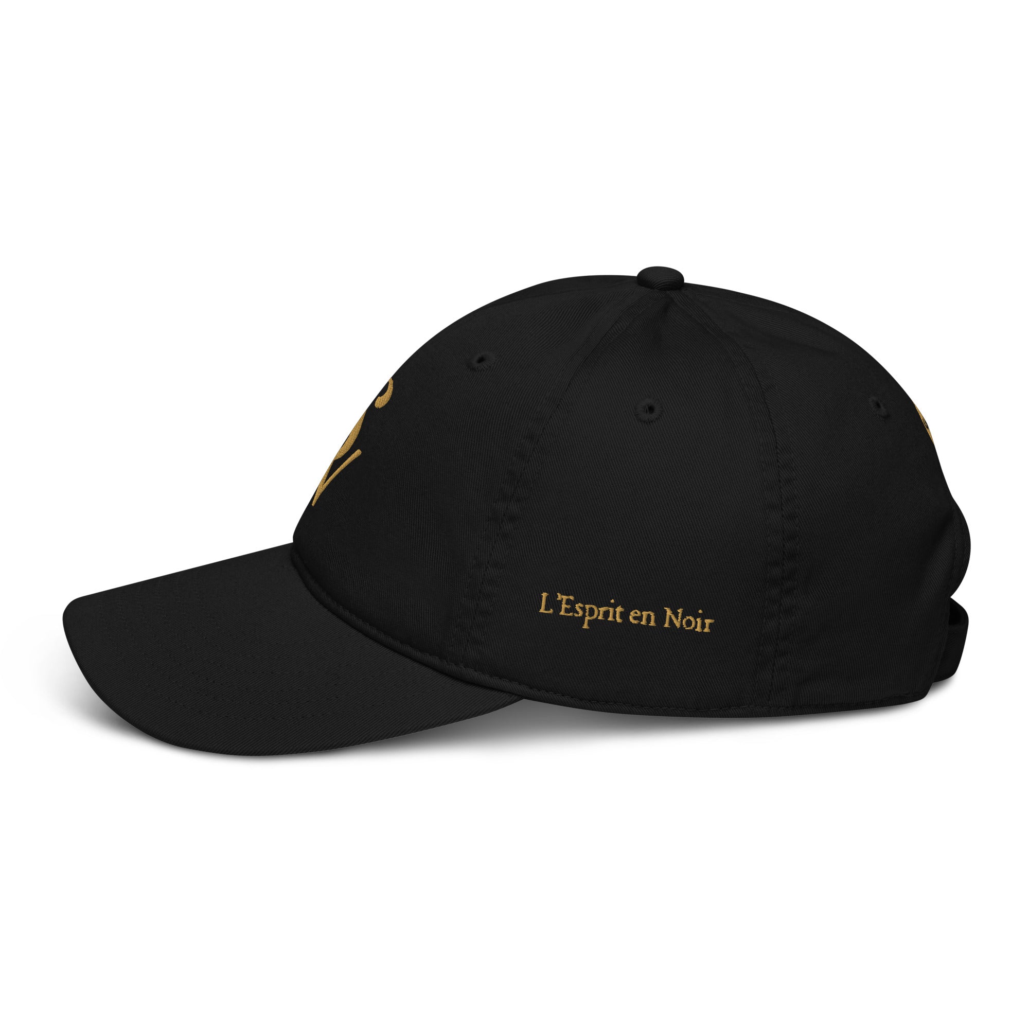 SAVANT NOIR black organic cotton luxury cap with gold embroidered text L'Esprit en Noir