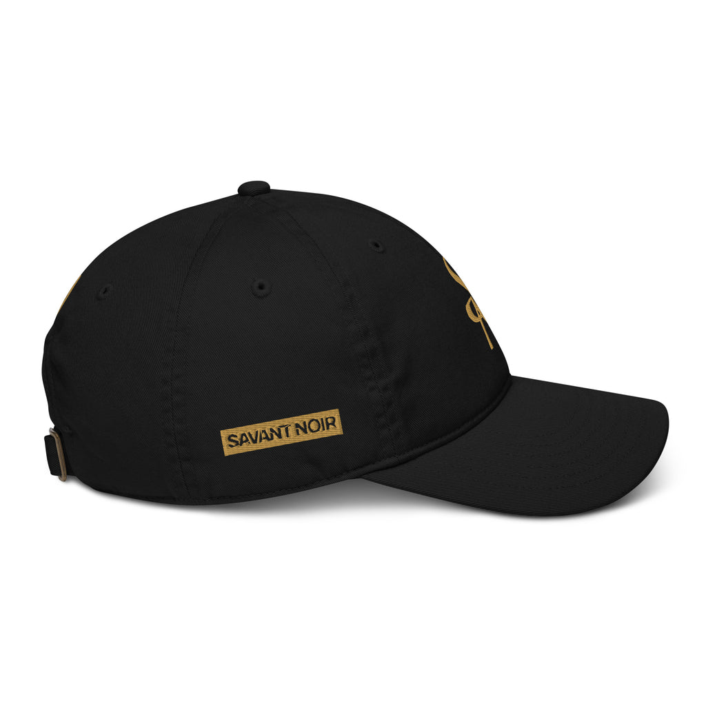 SAVANT NOIR black organic cotton luxury cap with gold logo and adjustable strap