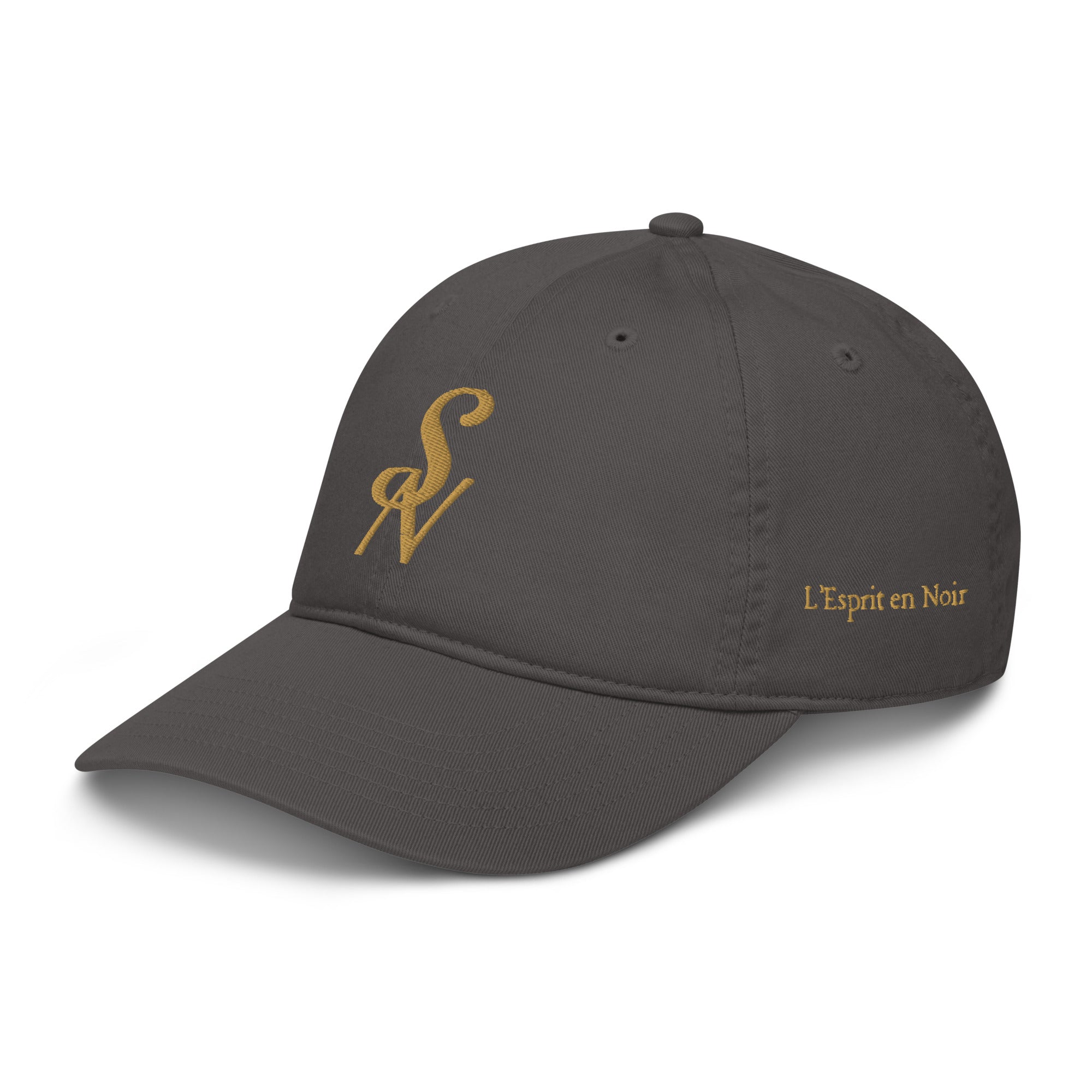 SAVANT NOIR organic cotton luxury cap in black with gold logo and L'Esprit en Noir text