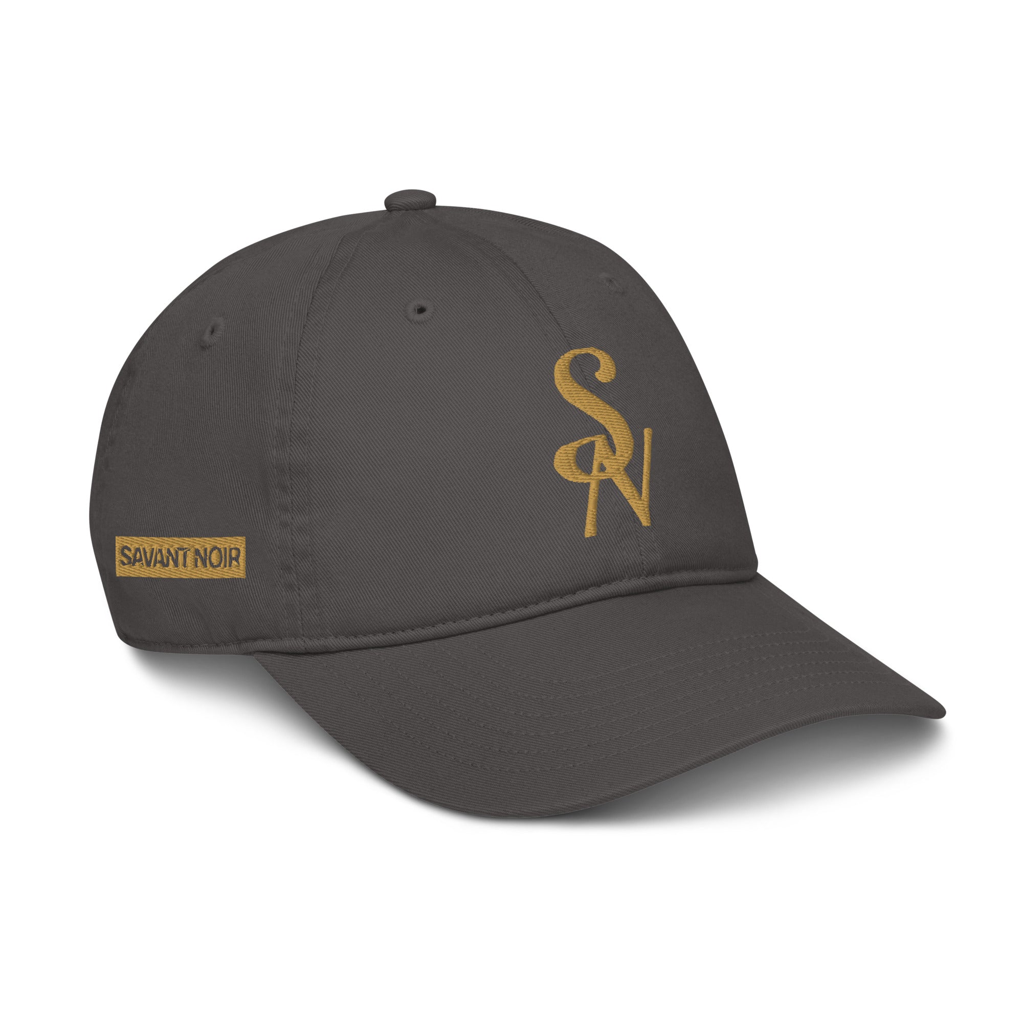 SAVANT NOIR organic cotton luxury cap in dark gray with gold embroidered logo and adjustable fit