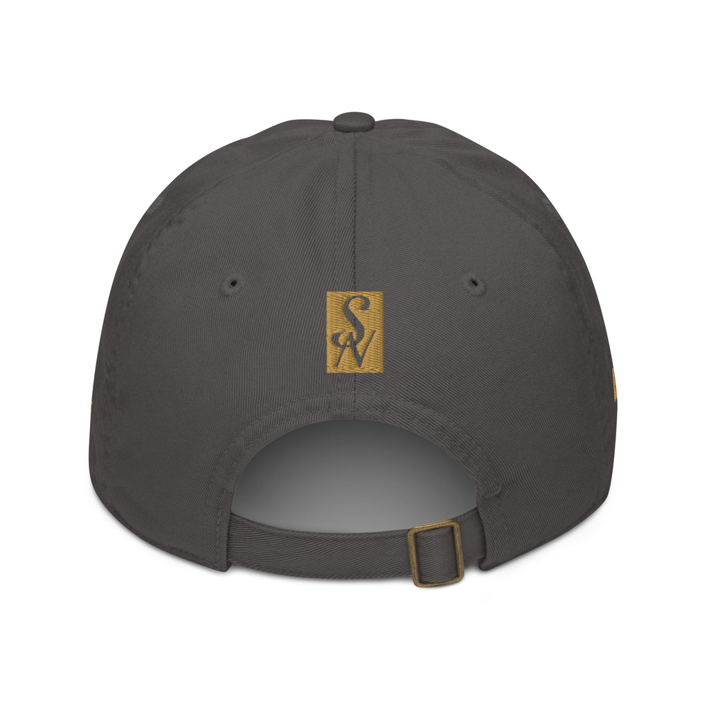 Back view of SAVANT NOIR organic cotton luxury cap in dark gray with adjustable strap and logo patch