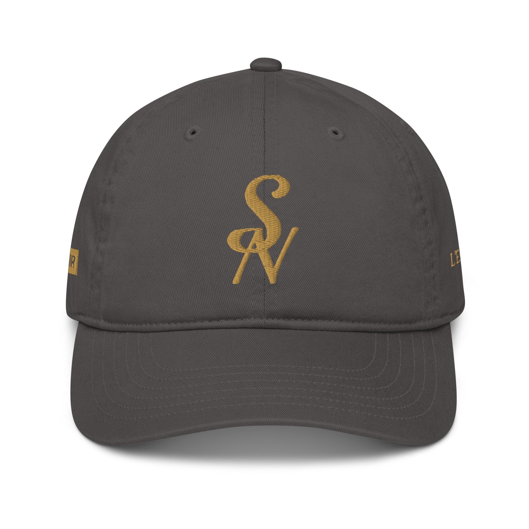 SAVANT NOIR dark gray cap with gold SV logo, designed as an organic cotton luxury cap