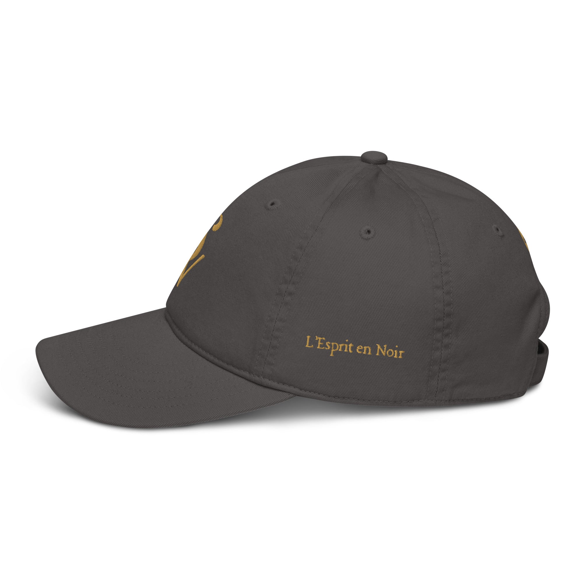 SAVANT NOIR organic cotton luxury cap in dark color with gold embroidery L'Esprit en Noir