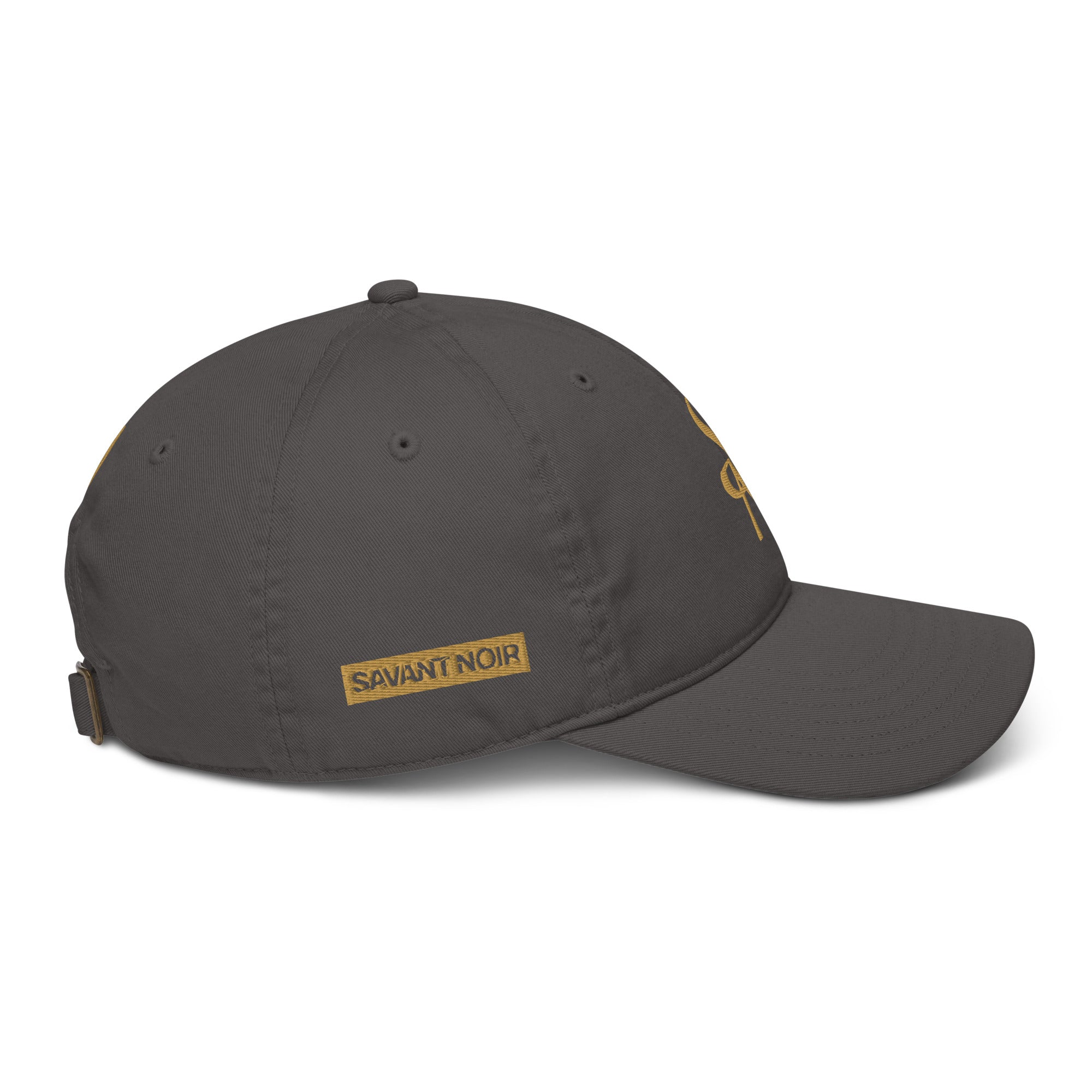 SAVANT NOIR organic cotton luxury cap in dark gray with adjustable strap and gold logo embroidery