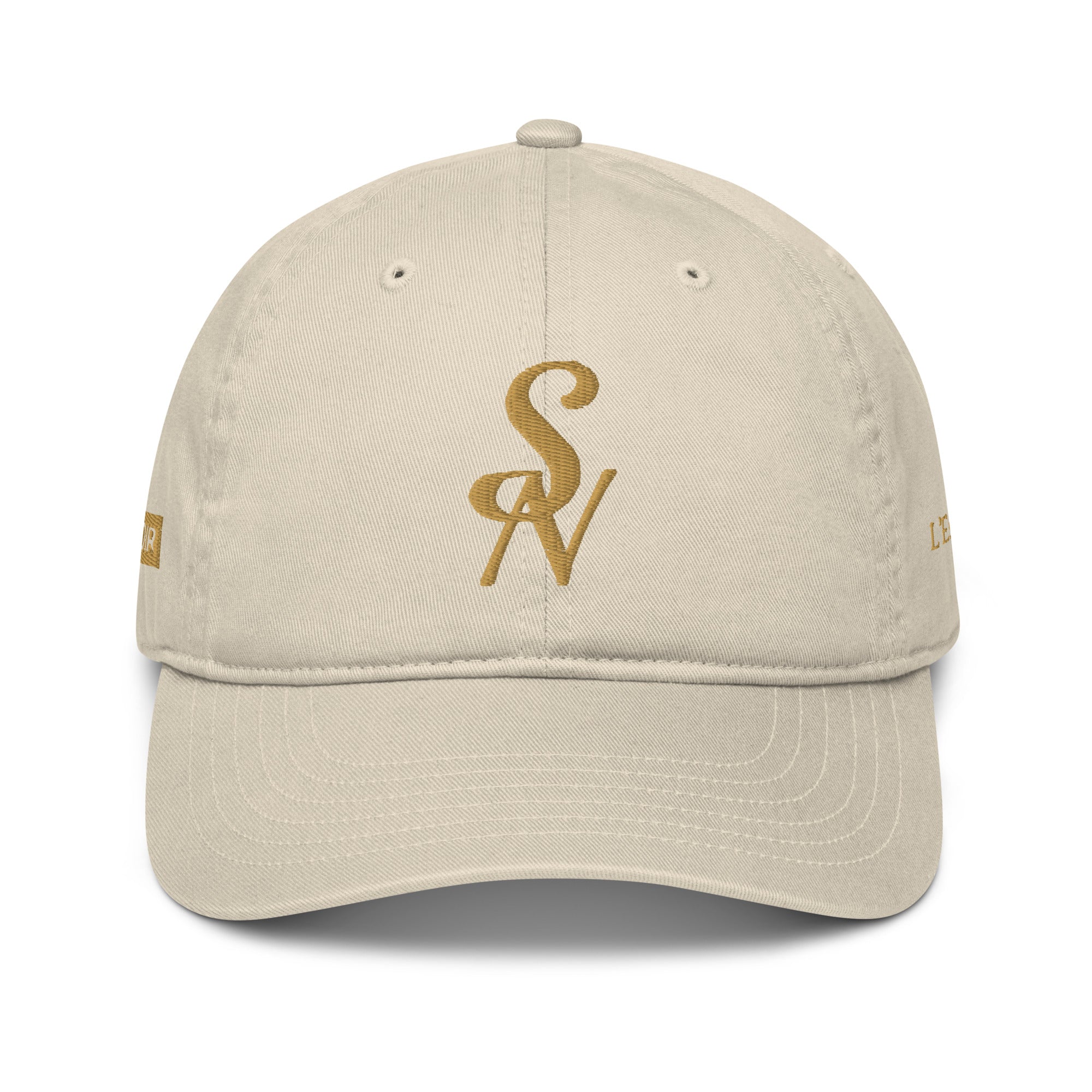 SAVANT NOIR beige organic cotton luxury cap with gold embroidered SN logo and adjustable back