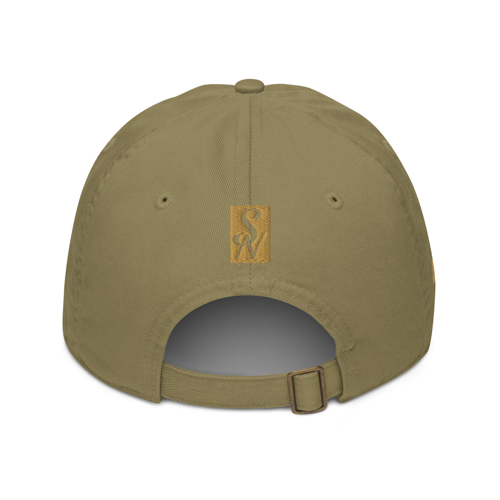 Back view of Savant Noir organic cotton luxury cap in olive green with adjustable strap