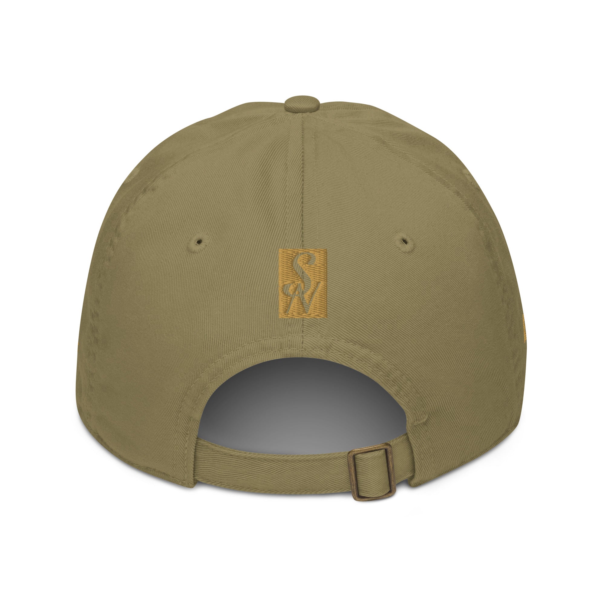 Back view of Savant Noir organic cotton luxury cap in olive green with adjustable strap