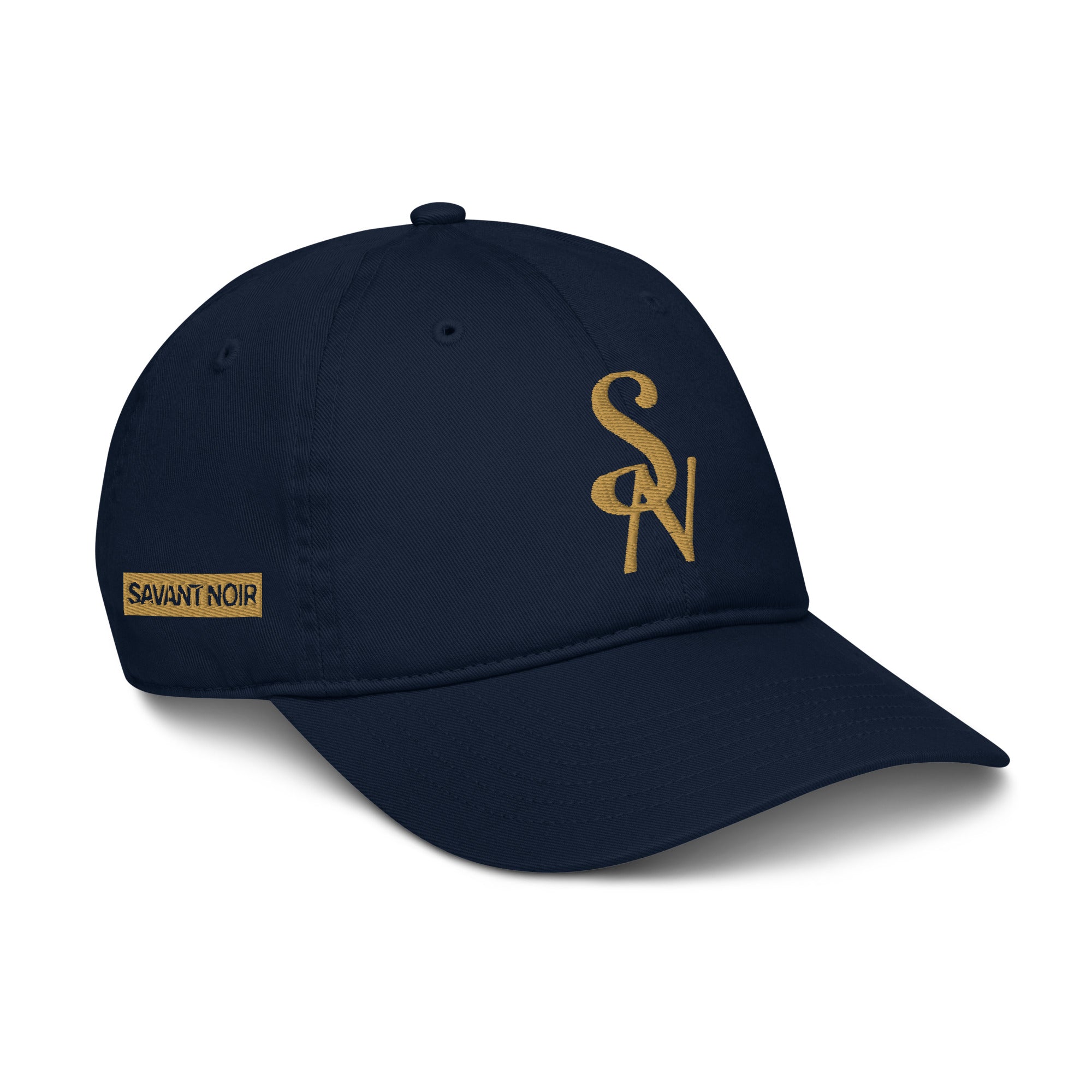 SAVANT NOIR organic cotton luxury cap in navy blue with gold embroidered logo and adjustable back strap