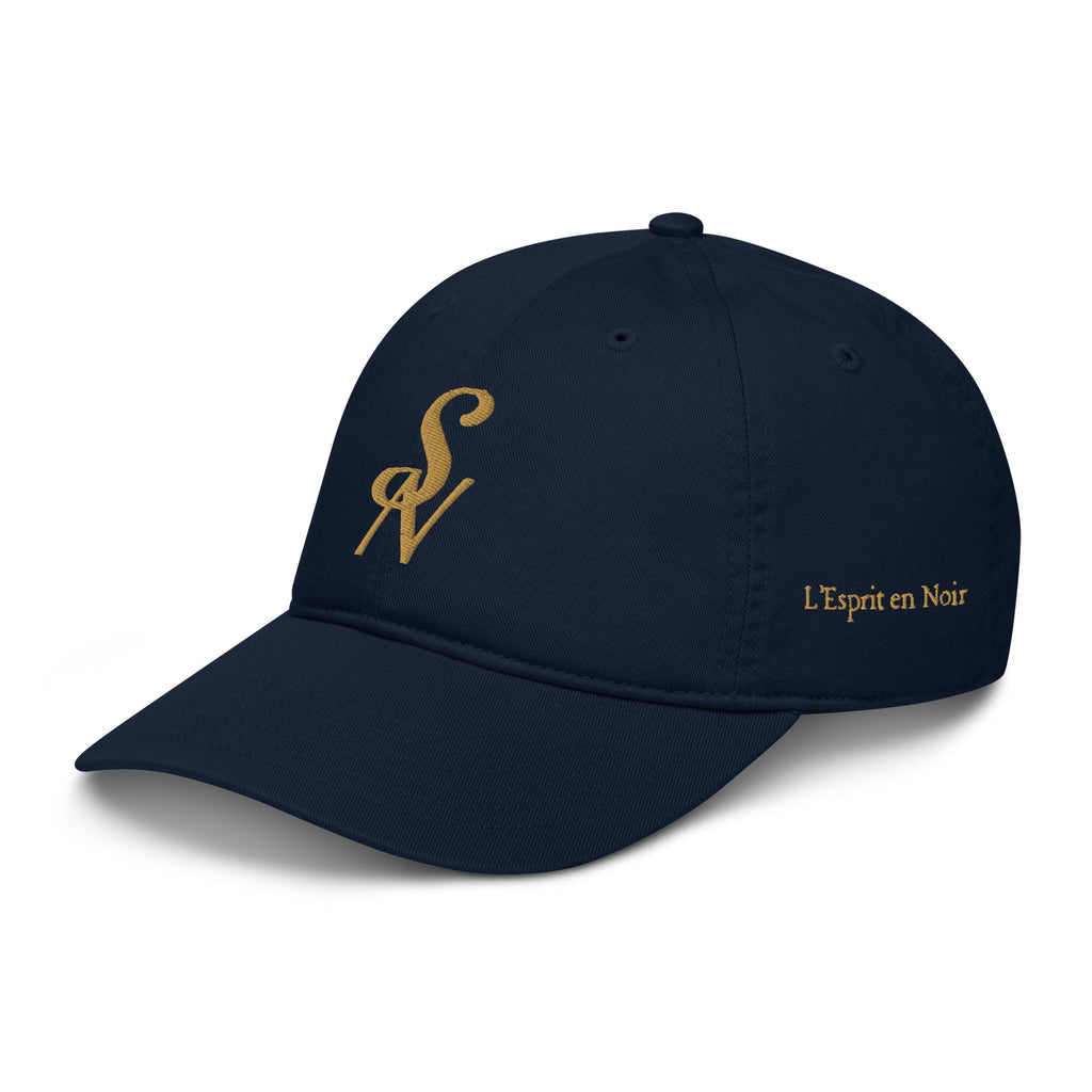 SAVANT NOIR organic cotton luxury cap in navy with gold embroidered logo and text
