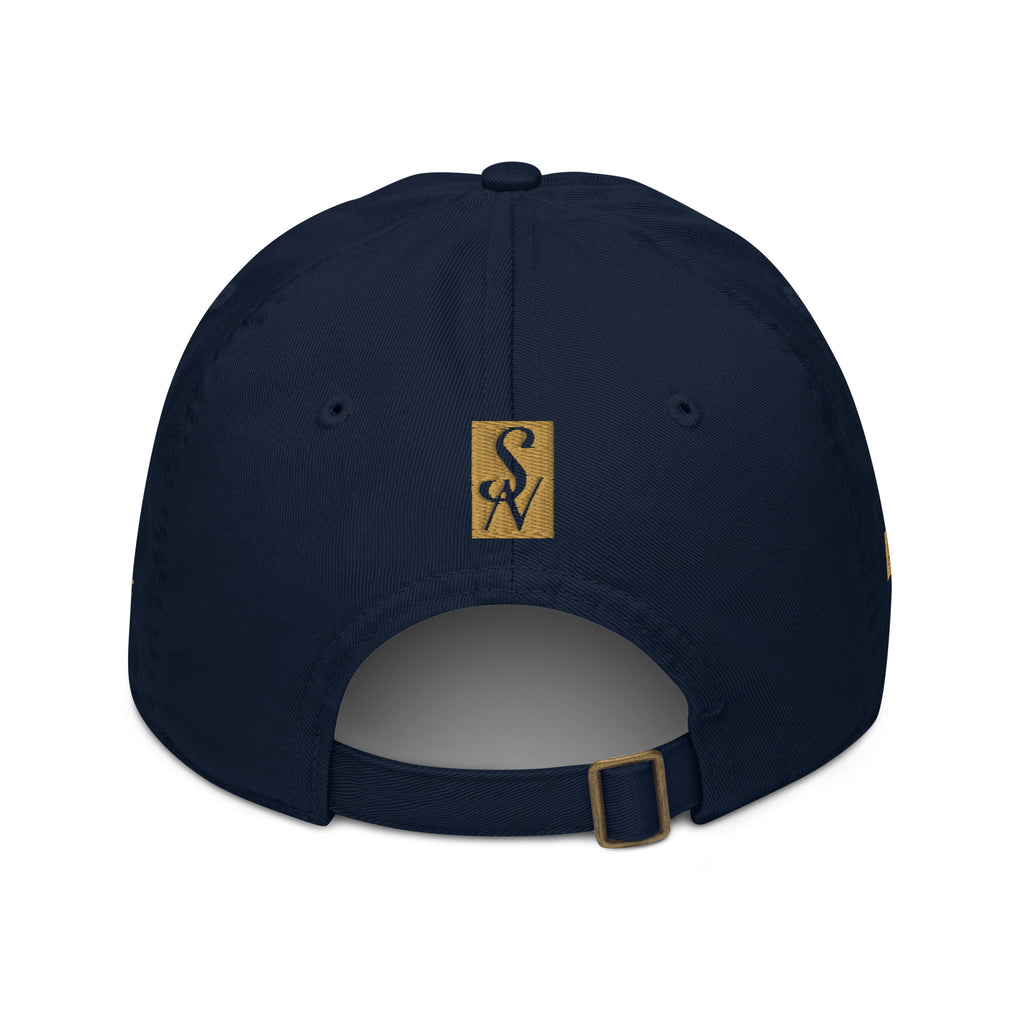 Back view of SAVANT NOIR organic cotton luxury cap in navy blue with adjustable strap and logo patch