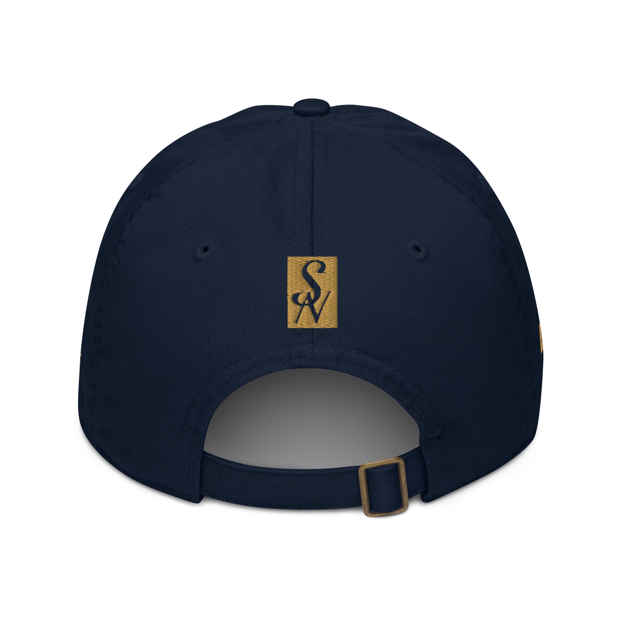 Back view of SAVANT NOIR organic cotton luxury cap in navy blue with adjustable strap and logo patch