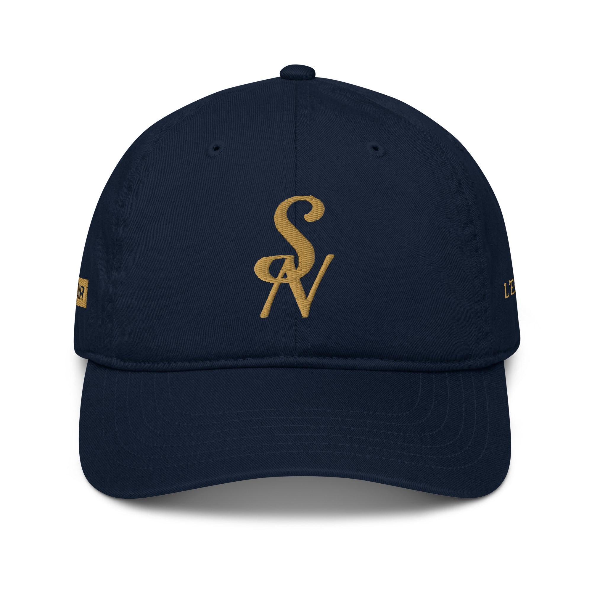 SAVANT NOIR navy organic cotton luxury cap with gold SN logo embroidered on front