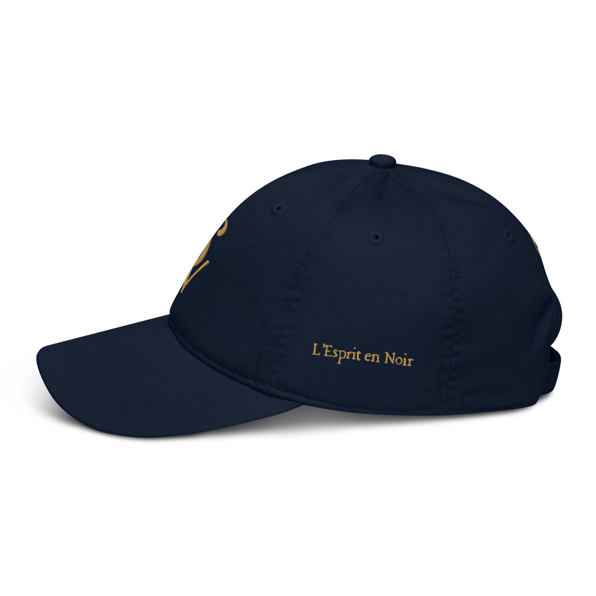 SAVANT NOIR navy blue organic cotton luxury cap with gold embroidery and adjustable back strap