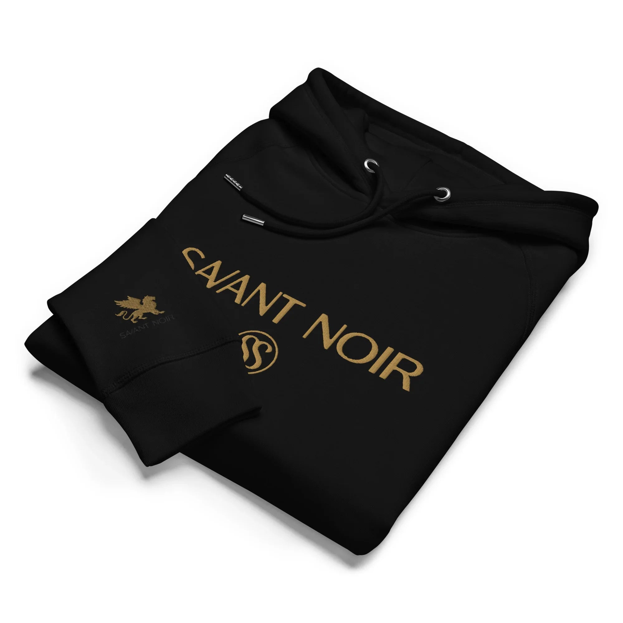 SAVANT NOIR designer gold logo hoodie in black with gold brand name and emblem on front