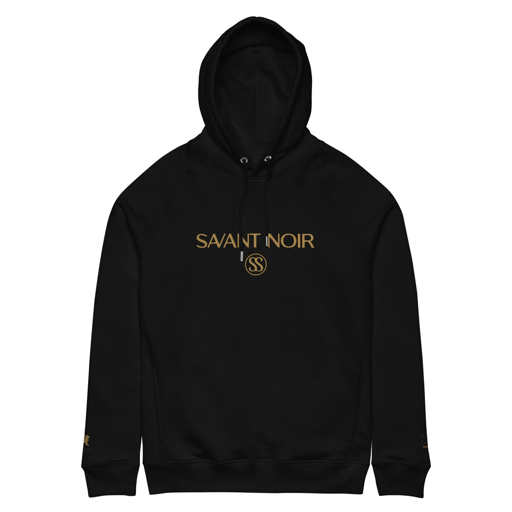 Black SAVANT NOIR designer gold logo hoodie with front gold branding and adjustable hood