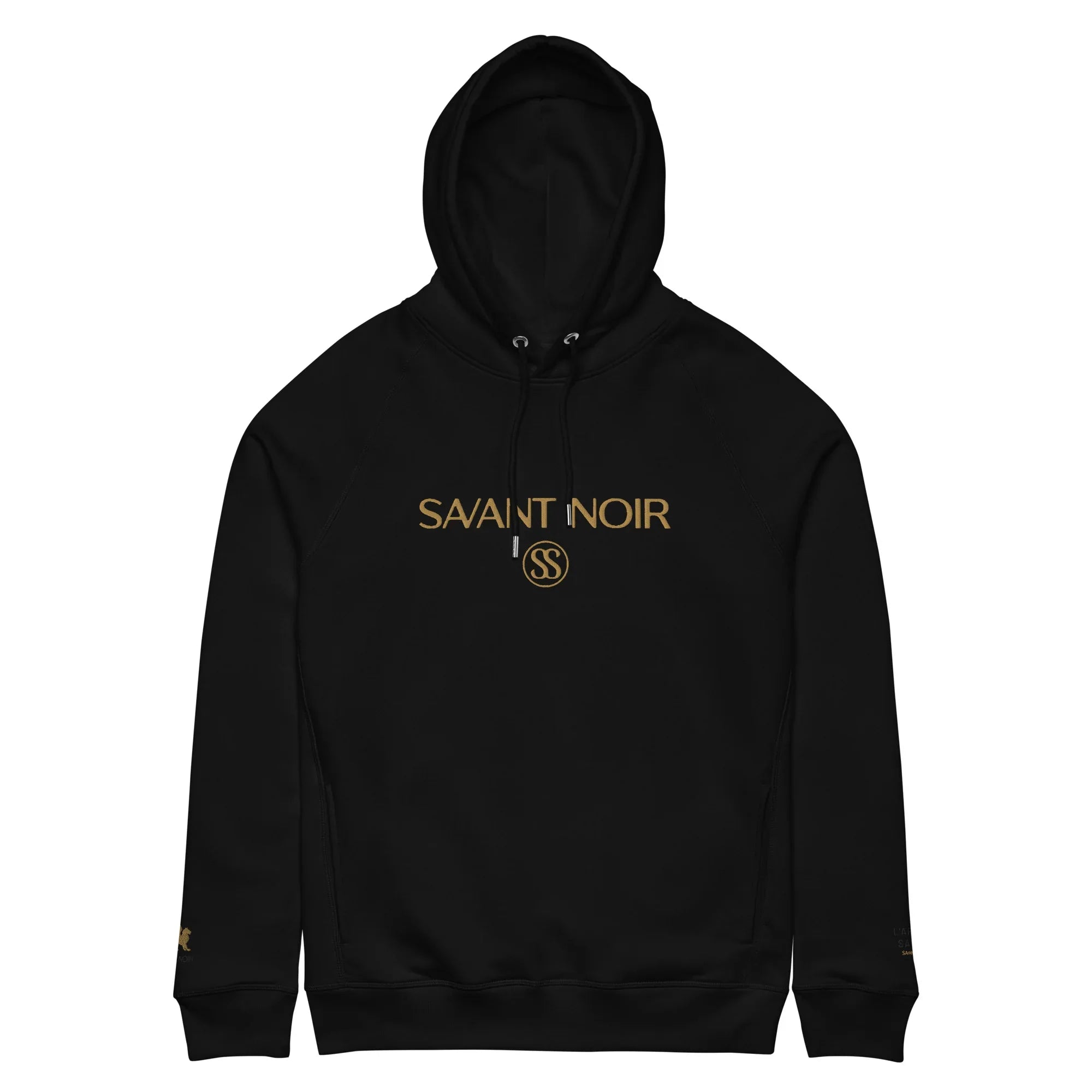 Black SAVANT NOIR designer gold logo hoodie with front gold branding and adjustable hood