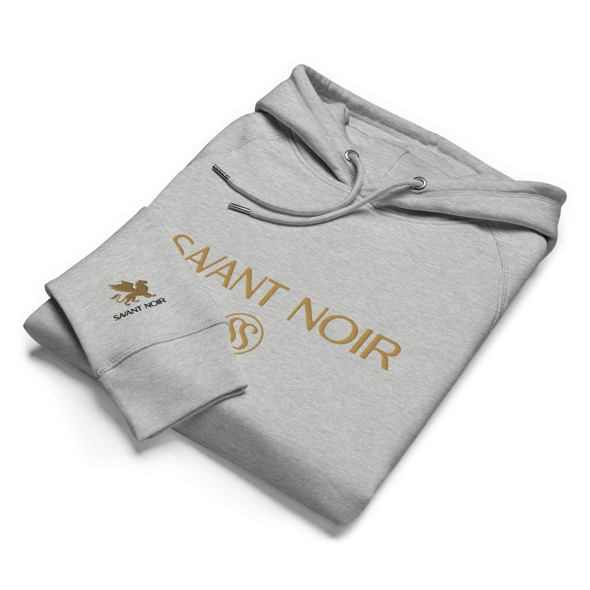 SAVANT NOIR gray hoodie featuring designer gold logo hoodie text and emblem on front and sleeve