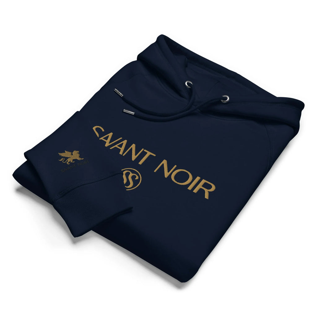 SAVANT NOIR designer gold logo hoodie in navy blue with embossed gold lettering and emblem