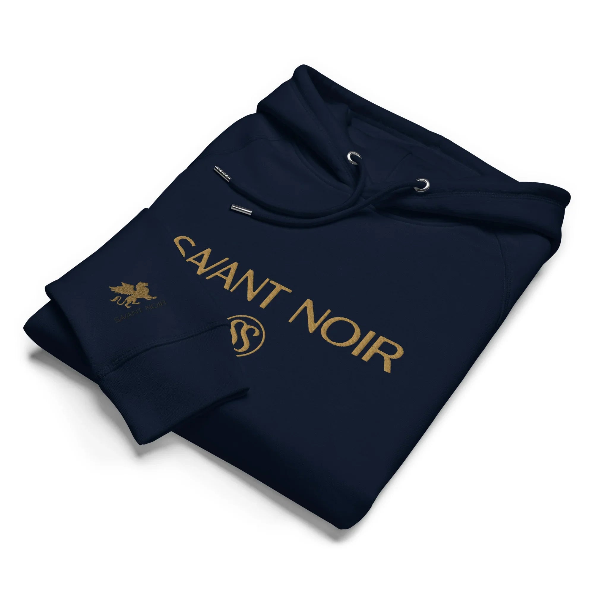 SAVANT NOIR designer gold logo hoodie in navy blue with embossed gold lettering and emblem