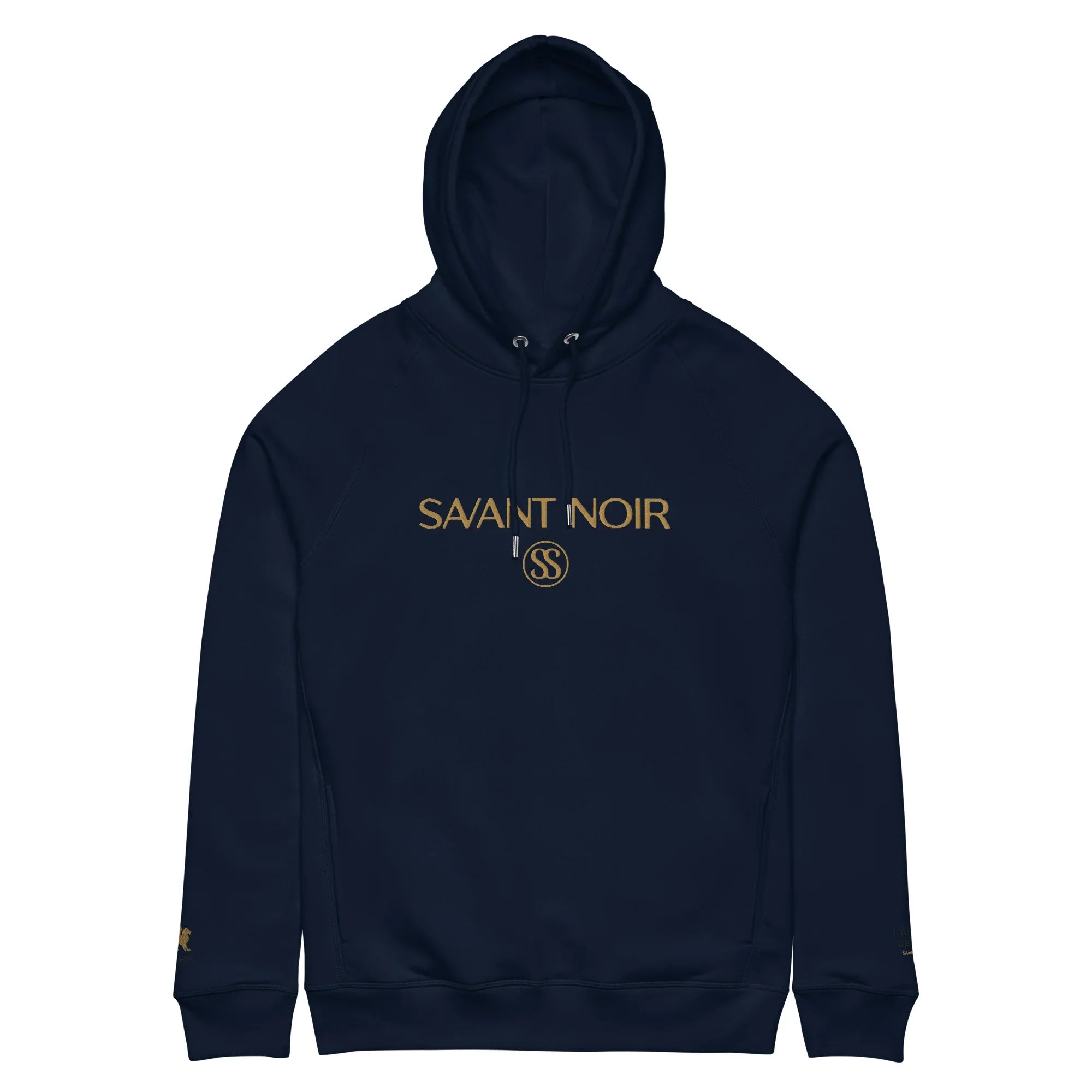 SAVANT NOIR designer gold logo hoodie in navy blue with front gold text and emblem