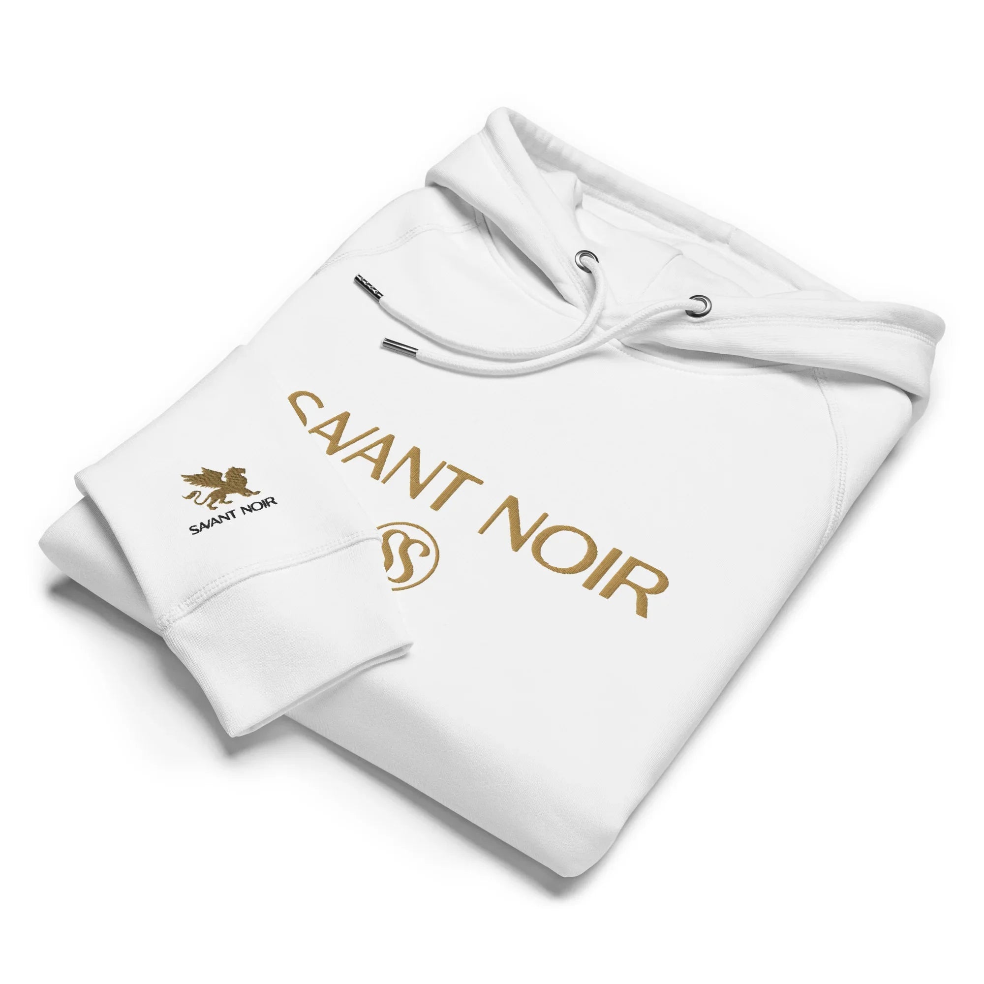 White SAVANT NOIR designer gold logo hoodie folded with drawstrings and gold branding