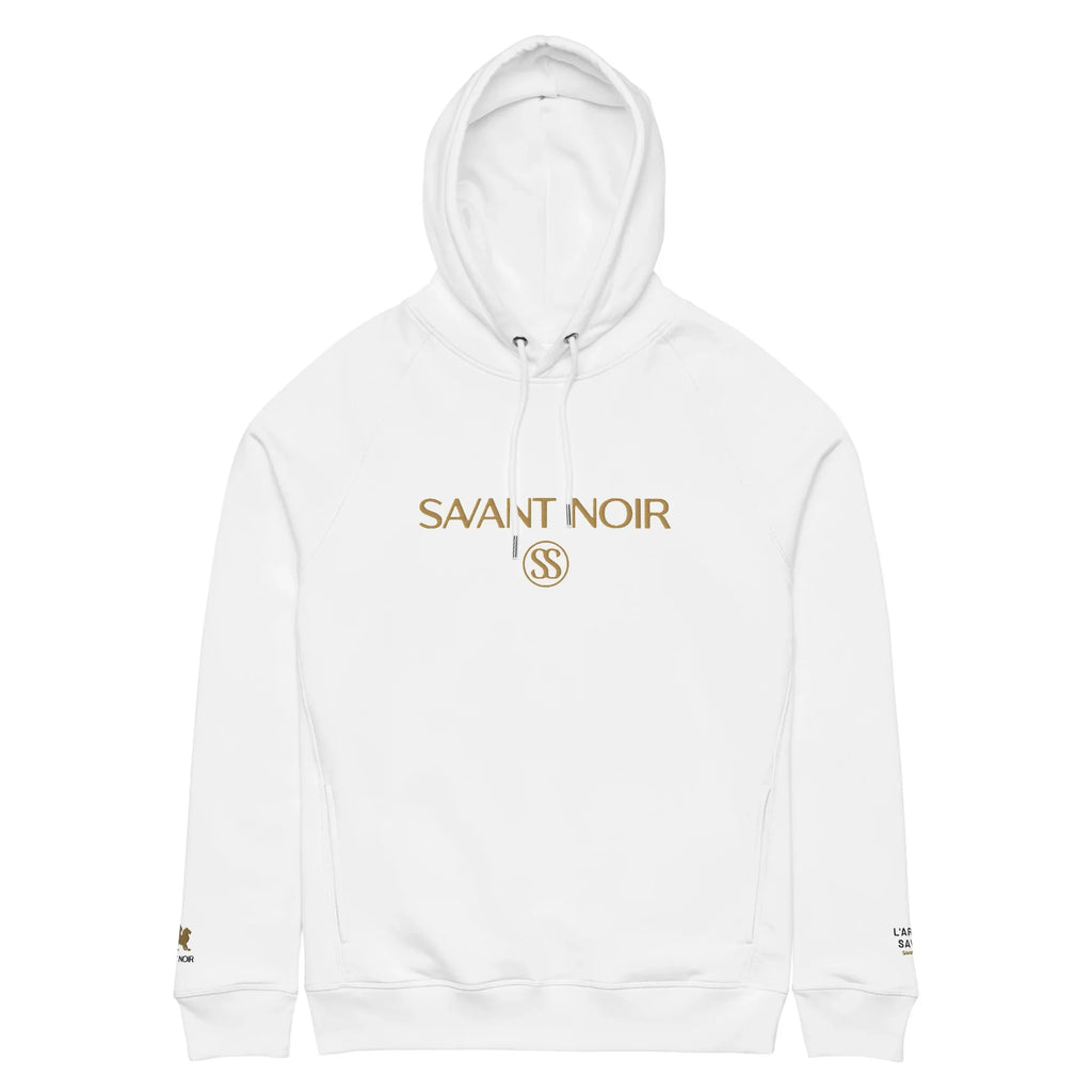 White designer gold logo hoodie by SAVANT NOIR with gold branded text and emblem on front