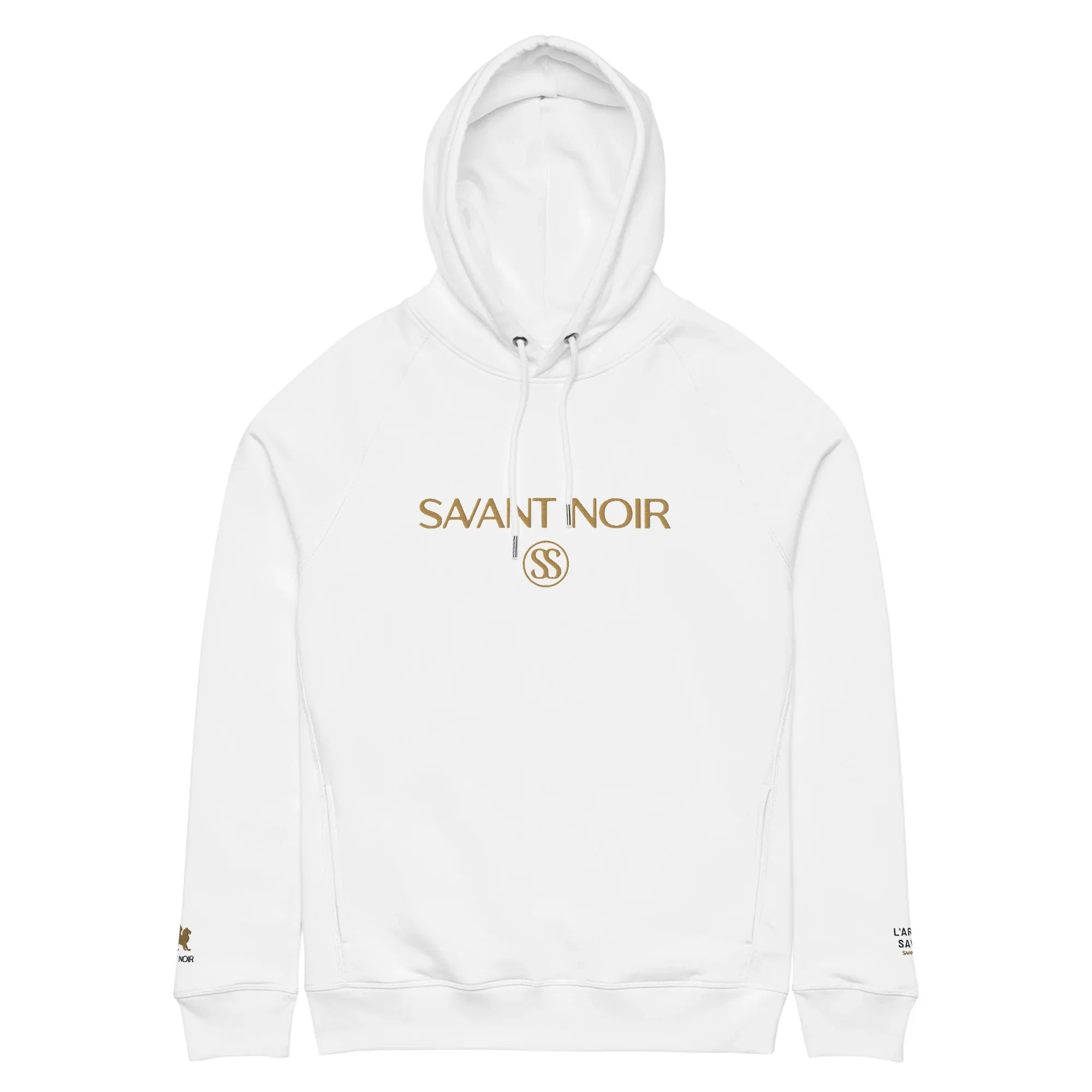White designer gold logo hoodie by SAVANT NOIR with gold branded text and emblem on front