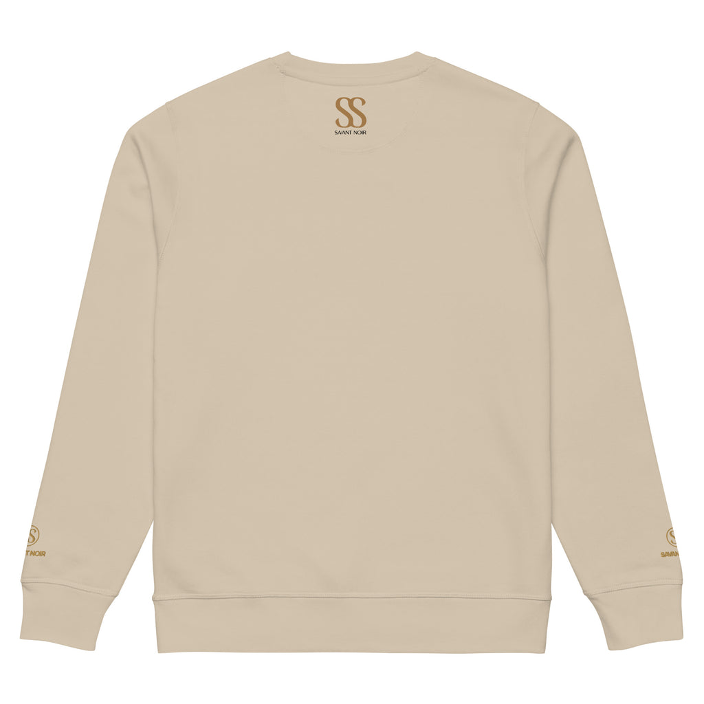 Beige organic midweight crewneck sweatshirt by SAVANT NOIR with logo details on back and sleeves