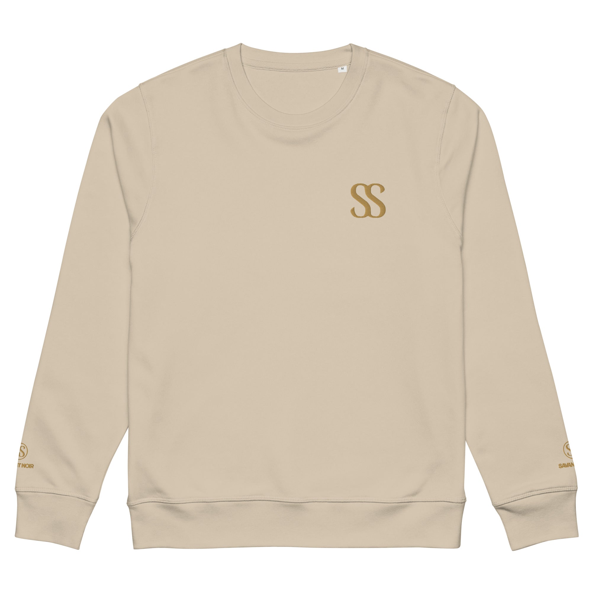 SAVANT NOIR beige organic midweight crewneck sweatshirt with SS logo on chest and cuff