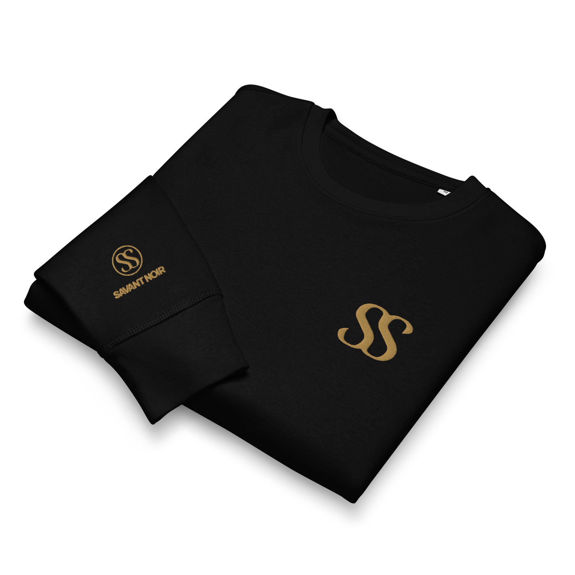Black SAVANT NOIR organic midweight crewneck sweatshirt with gold logo on chest and sleeve