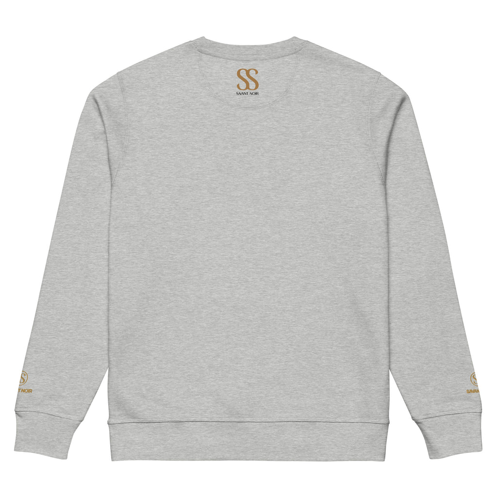 Back view of gray SAVANT NOIR organic midweight crewneck sweatshirt with logo accents on neck and sleeves
