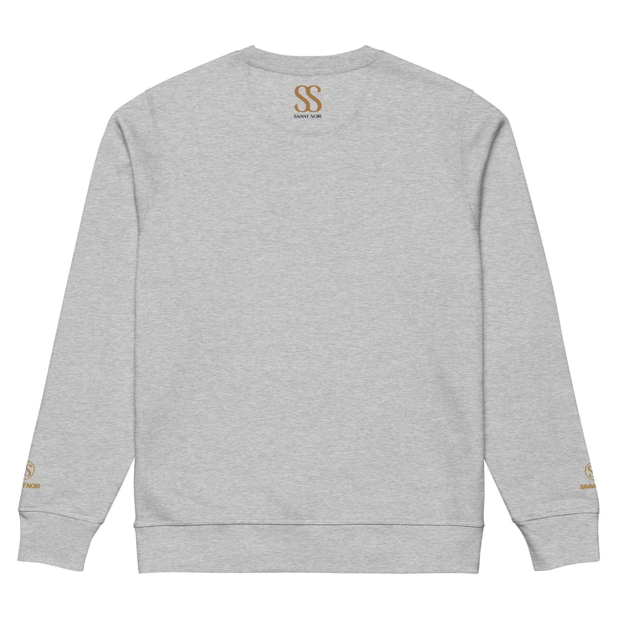 Back view of gray SAVANT NOIR organic midweight crewneck sweatshirt with logo accents on neck and sleeves