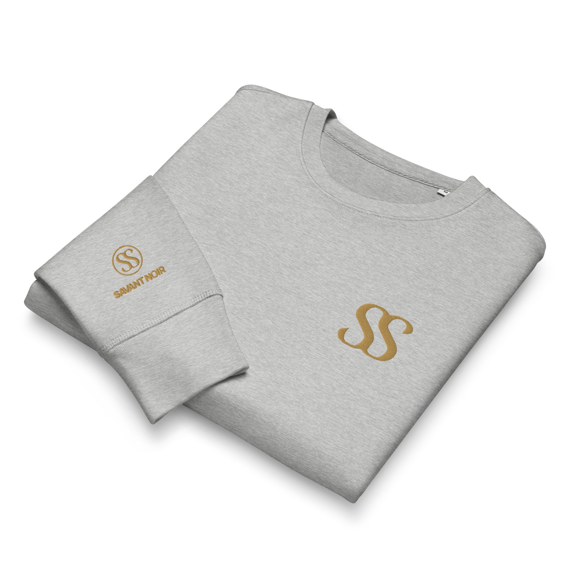 Grey SAVANT NOIR organic midweight crewneck sweatshirt with gold logo on chest and sleeve