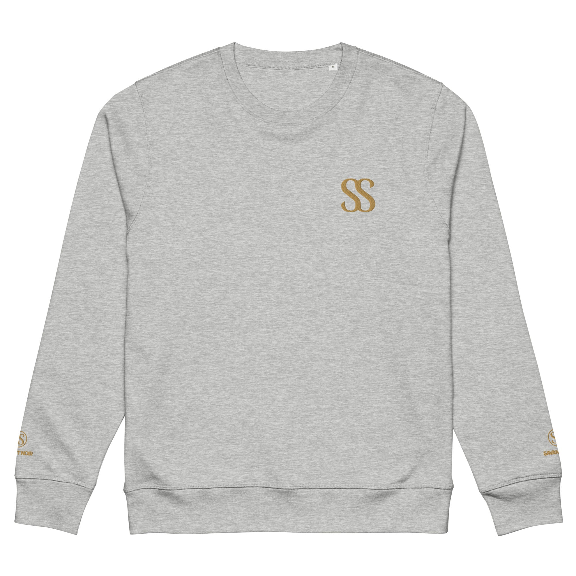 SAVANT NOIR organic midweight crewneck sweatshirt in light gray with gold SS logo on chest and sleeves