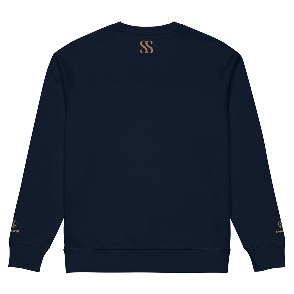 SAVANT NOIR navy organic midweight crewneck sweatshirt with gold logo on back and sleeves