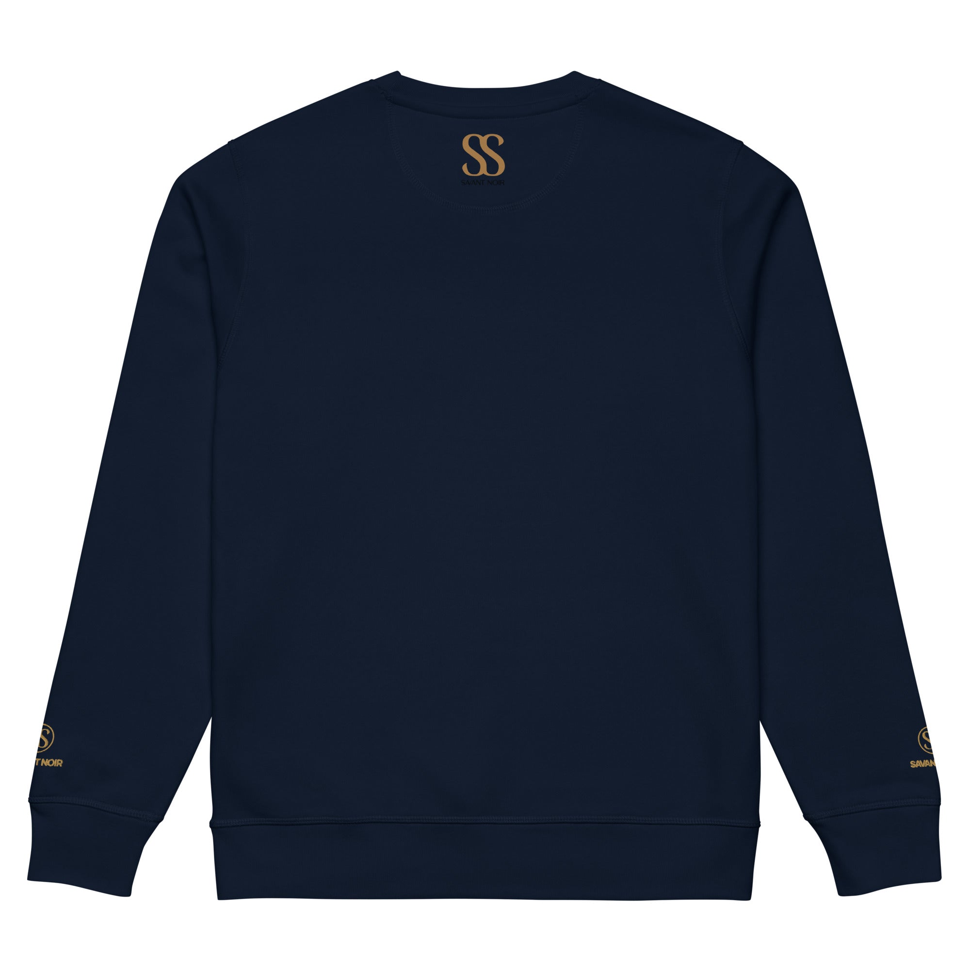 SAVANT NOIR navy organic midweight crewneck sweatshirt with gold logo on back and sleeves