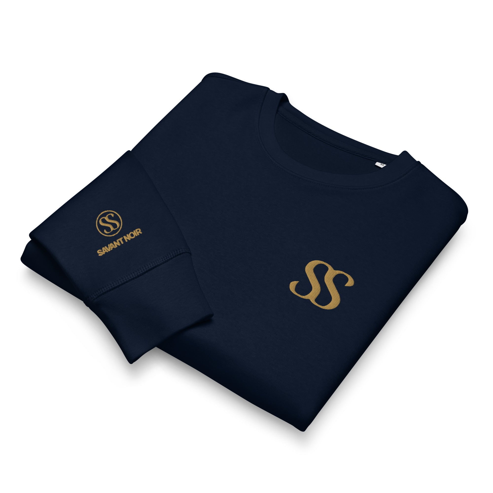 Navy blue organic midweight crewneck sweatshirt by SAVANT NOIR with gold logo on chest and sleeve