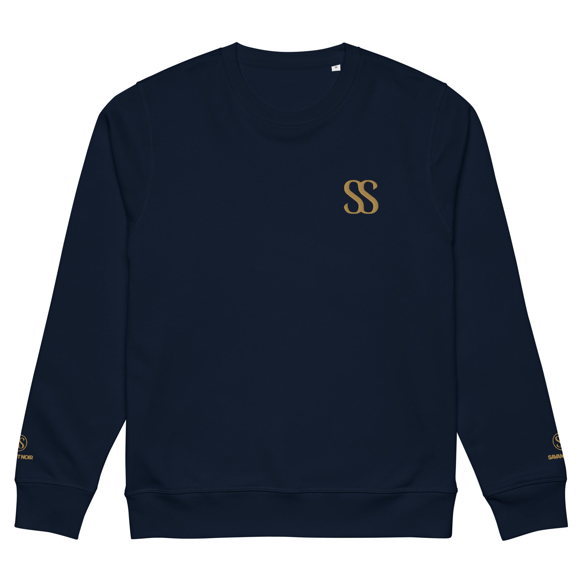 SAVANT NOIR navy blue organic midweight crewneck sweatshirt with gold SS logo on chest and sleeves