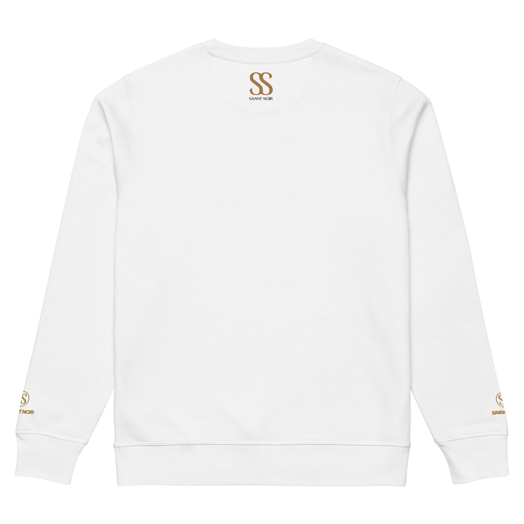 White organic midweight crewneck sweatshirt by SAVANT NOIR with logo details on back and sleeves