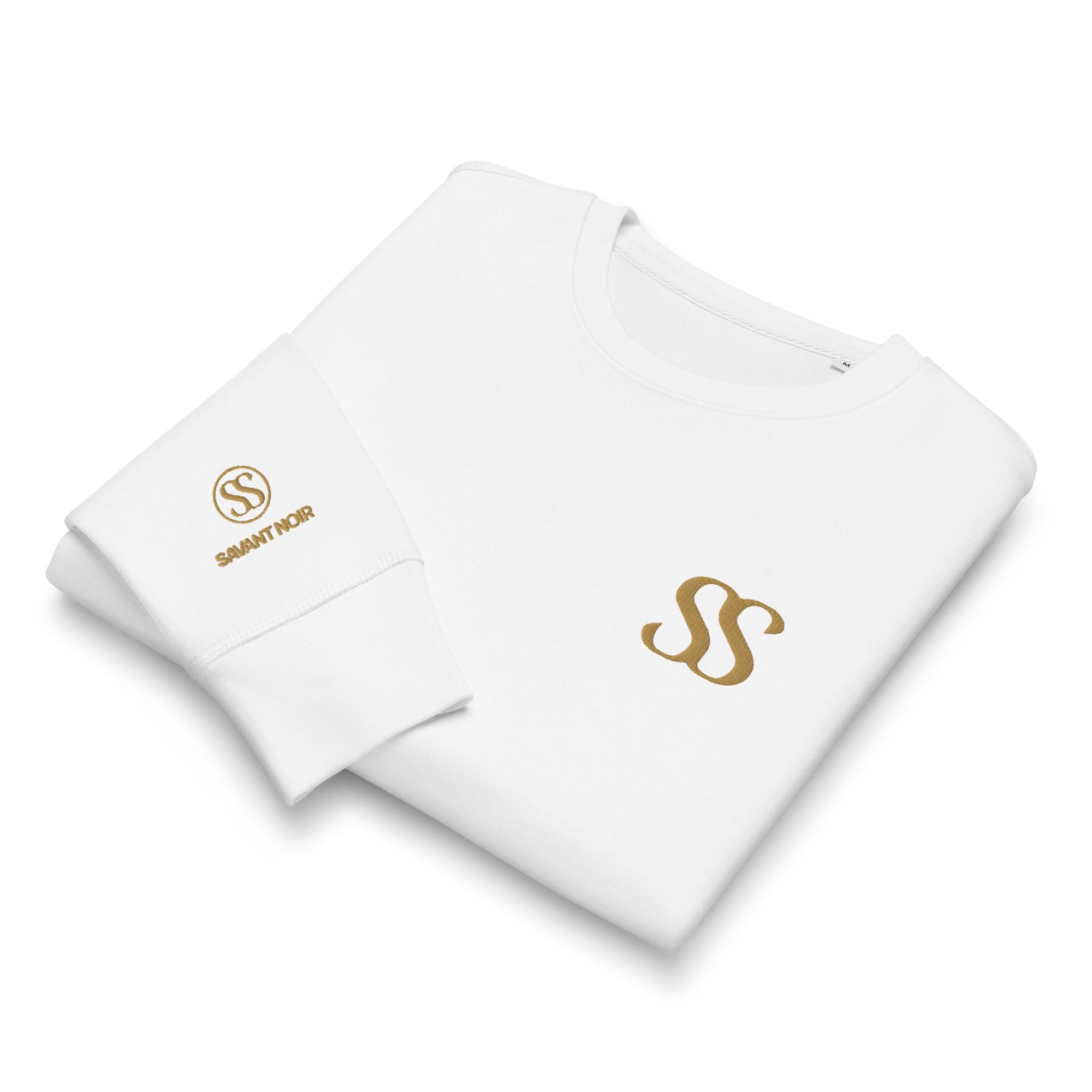 White SAVANT NOIR organic midweight crewneck sweatshirt with gold logo on chest and sleeve