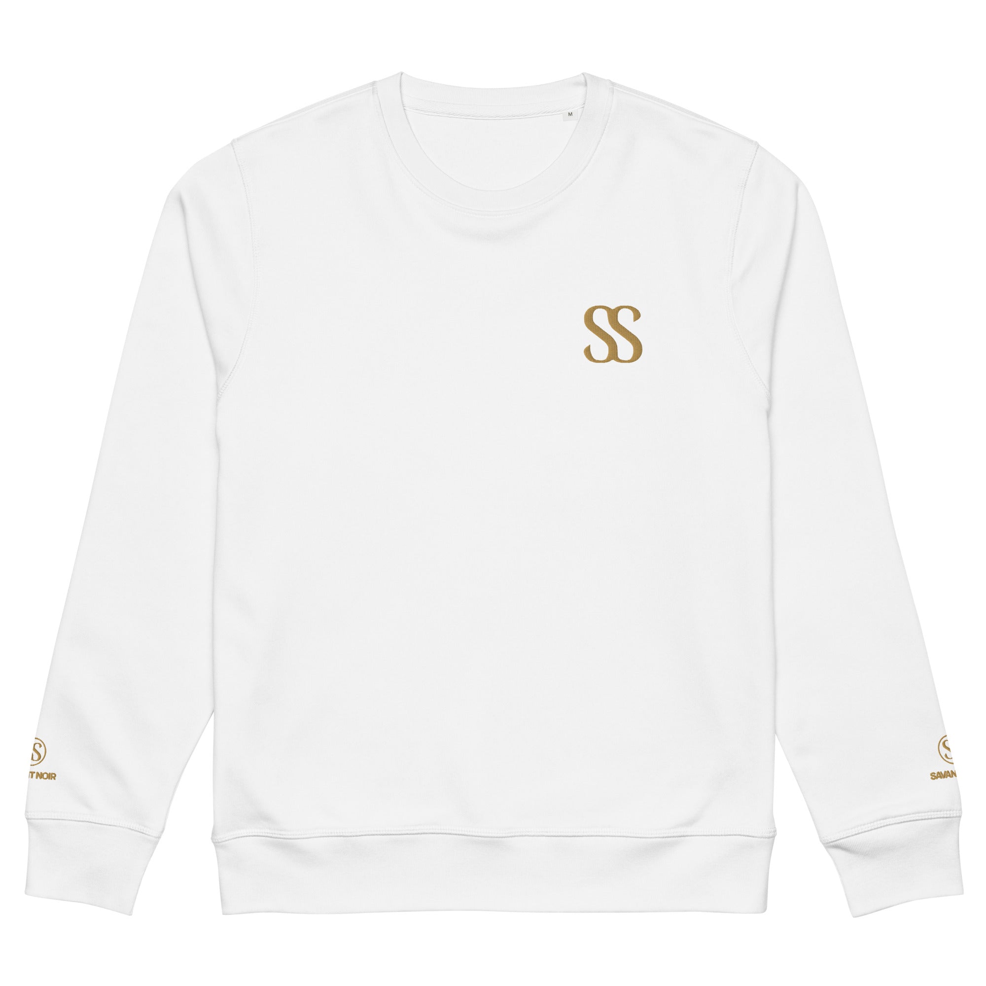 White organic midweight crewneck sweatshirt by SAVANT NOIR with gold logo on chest and sleeves