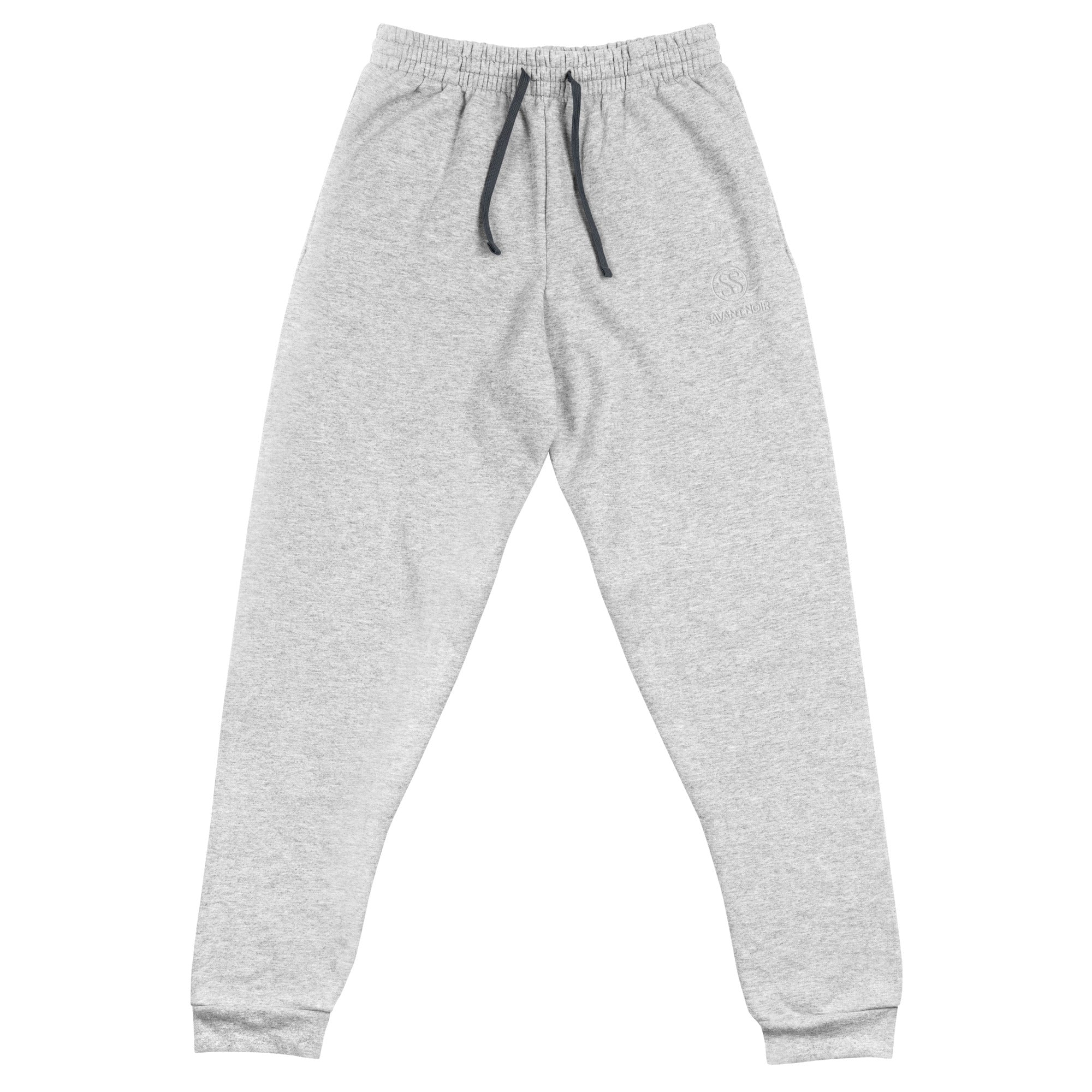 SAVANT NOIR light gray motion jogger sweatpants with elastic waistband and black drawstrings