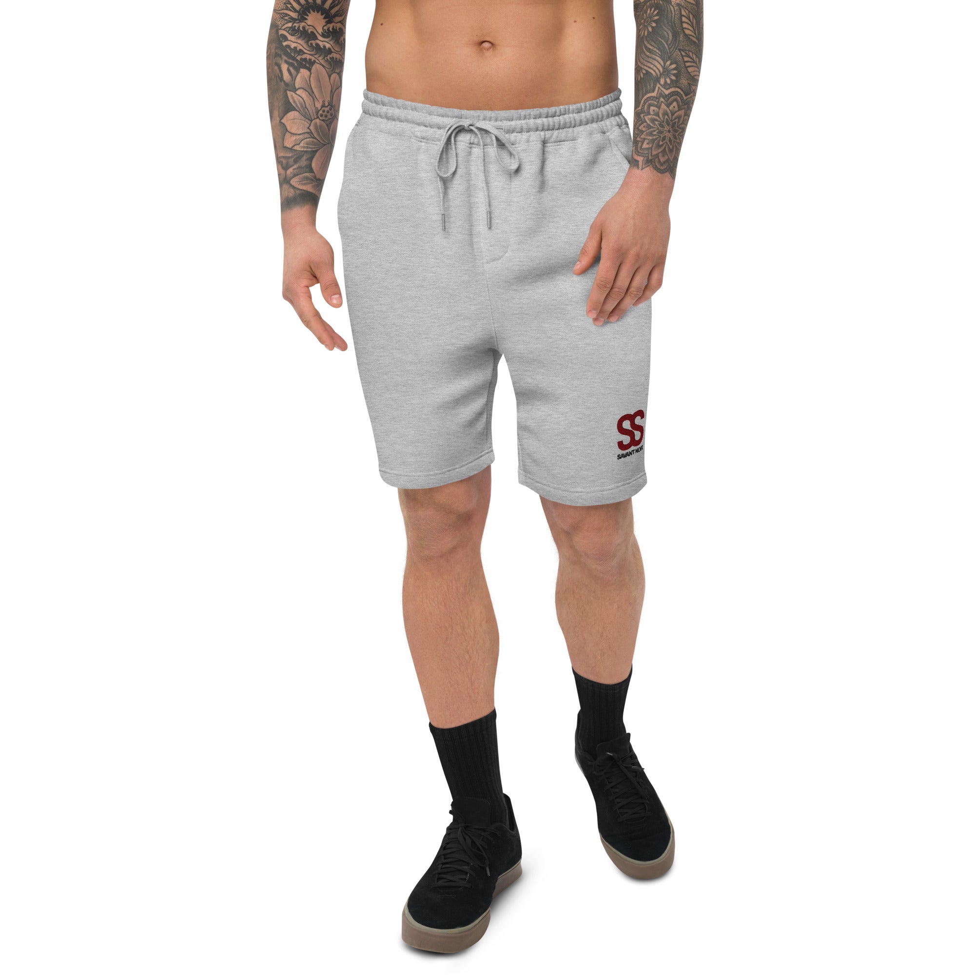 SAVANT NOIR luxury fleece shorts in light gray with drawstring waist and embroidered logo on left leg