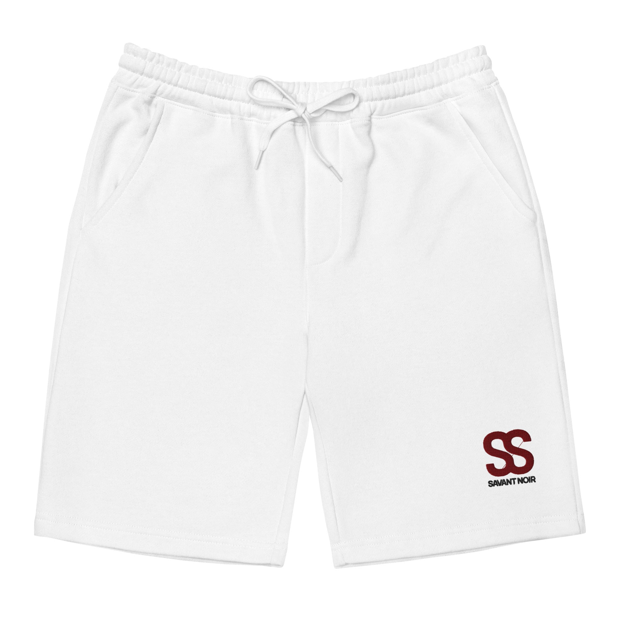 White SAVANT NOIR luxury fleece shorts with drawstring waist and logo detail on left leg