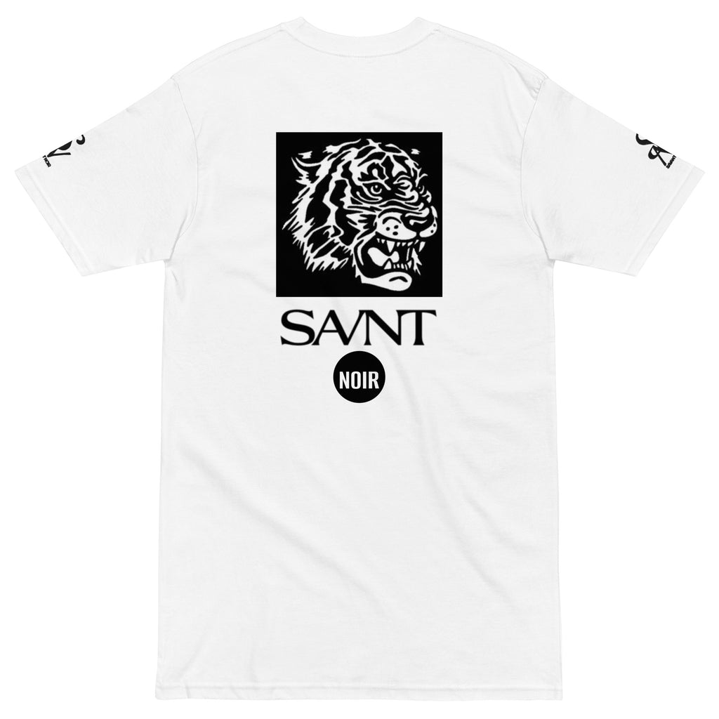 SAVANT NOIR mens premium heavyweight tee in white with black tiger graphic and logo on back