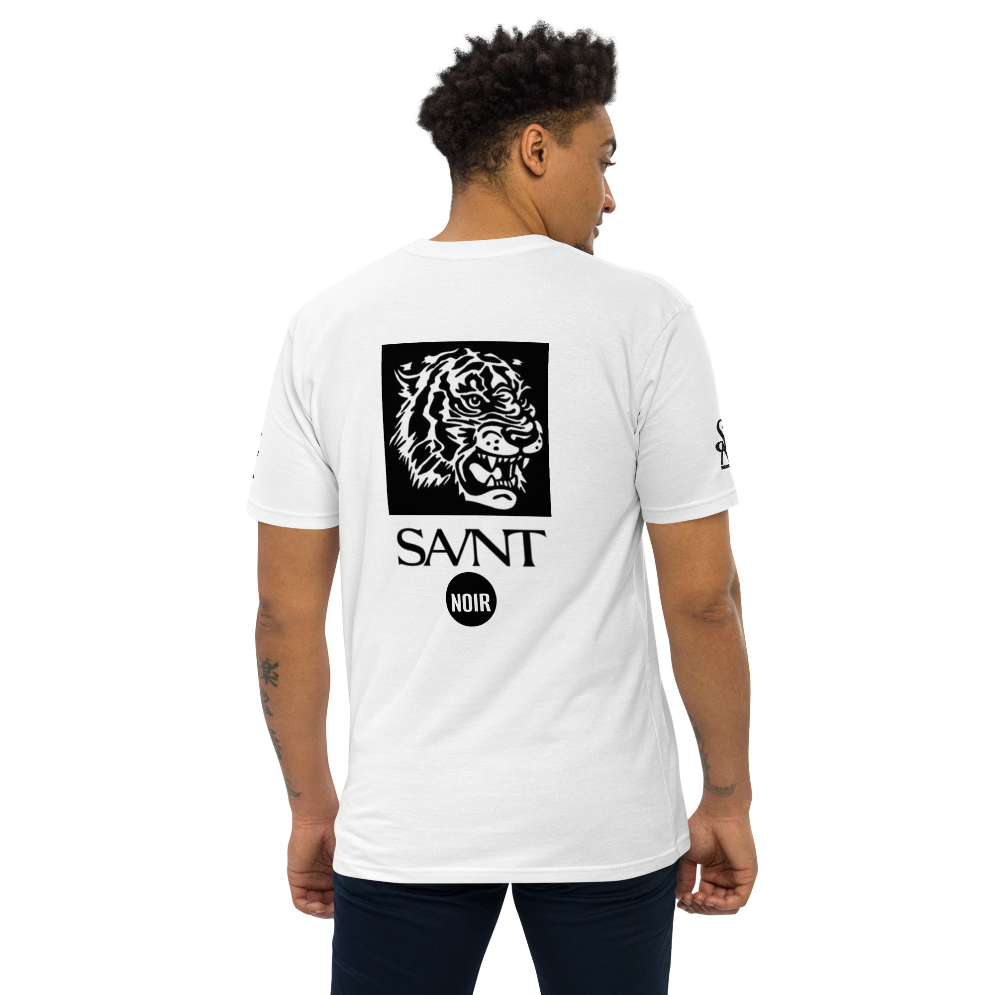 Back view of mens premium heavyweight tee in white with black tiger graphic and Savant Noir logo