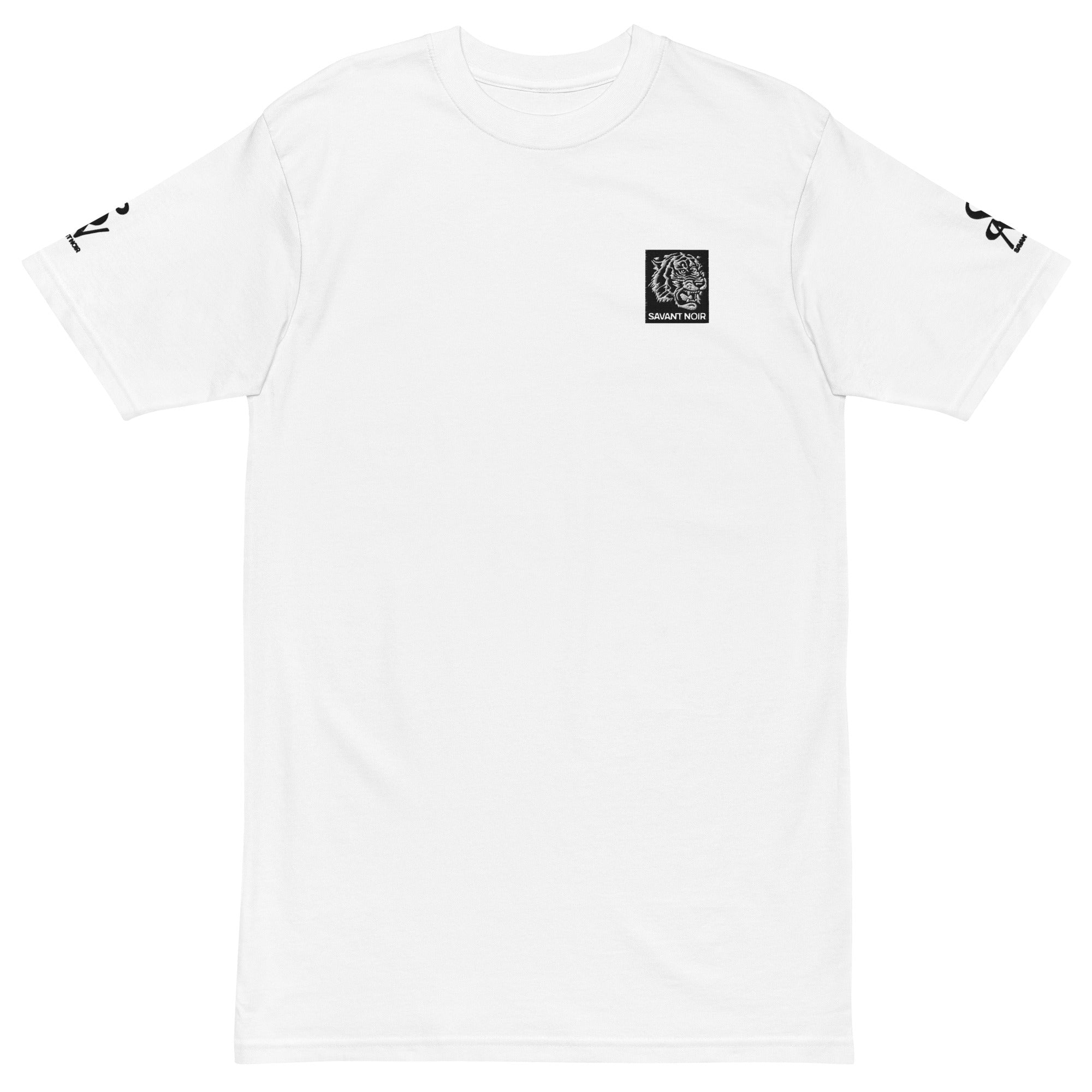 SAVANT NOIR white mens premium heavyweight tee with logo on chest and sleeve prints