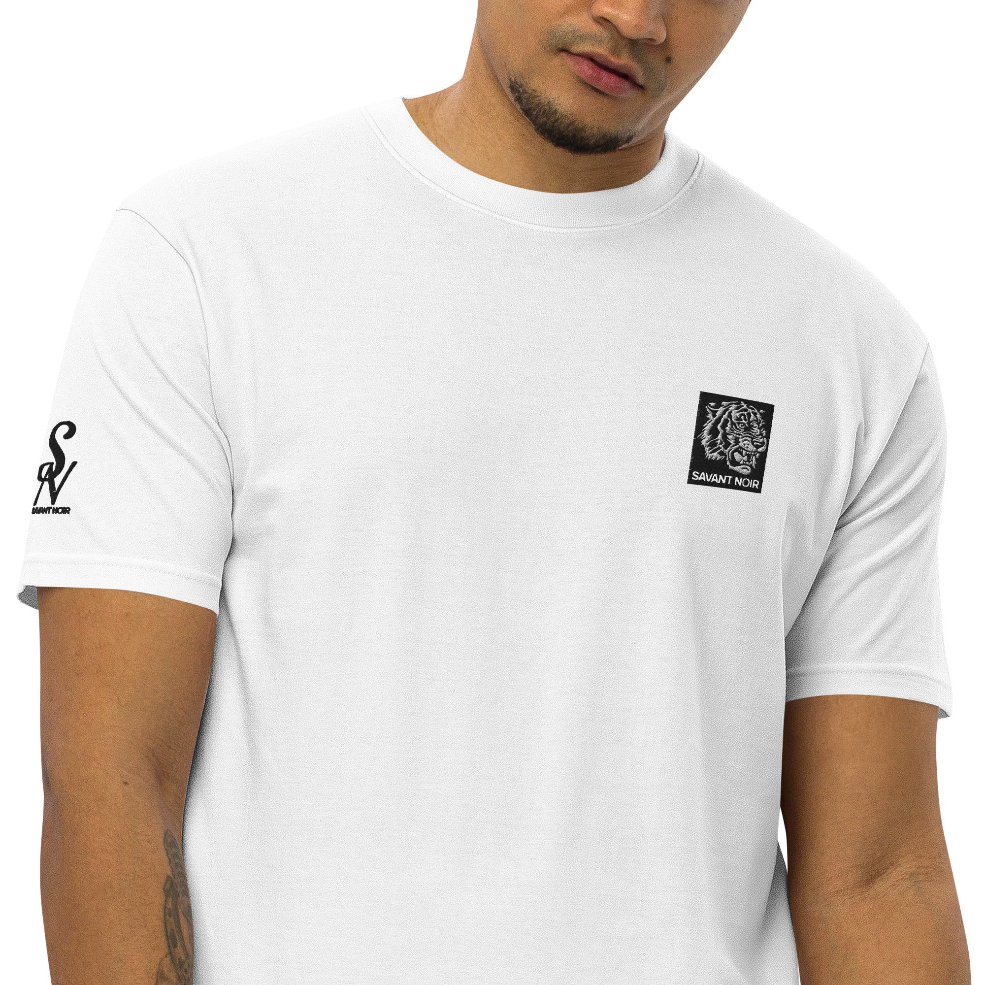 SAVANT NOIR mens premium heavyweight tee in white with small black tiger logo on chest and sleeve