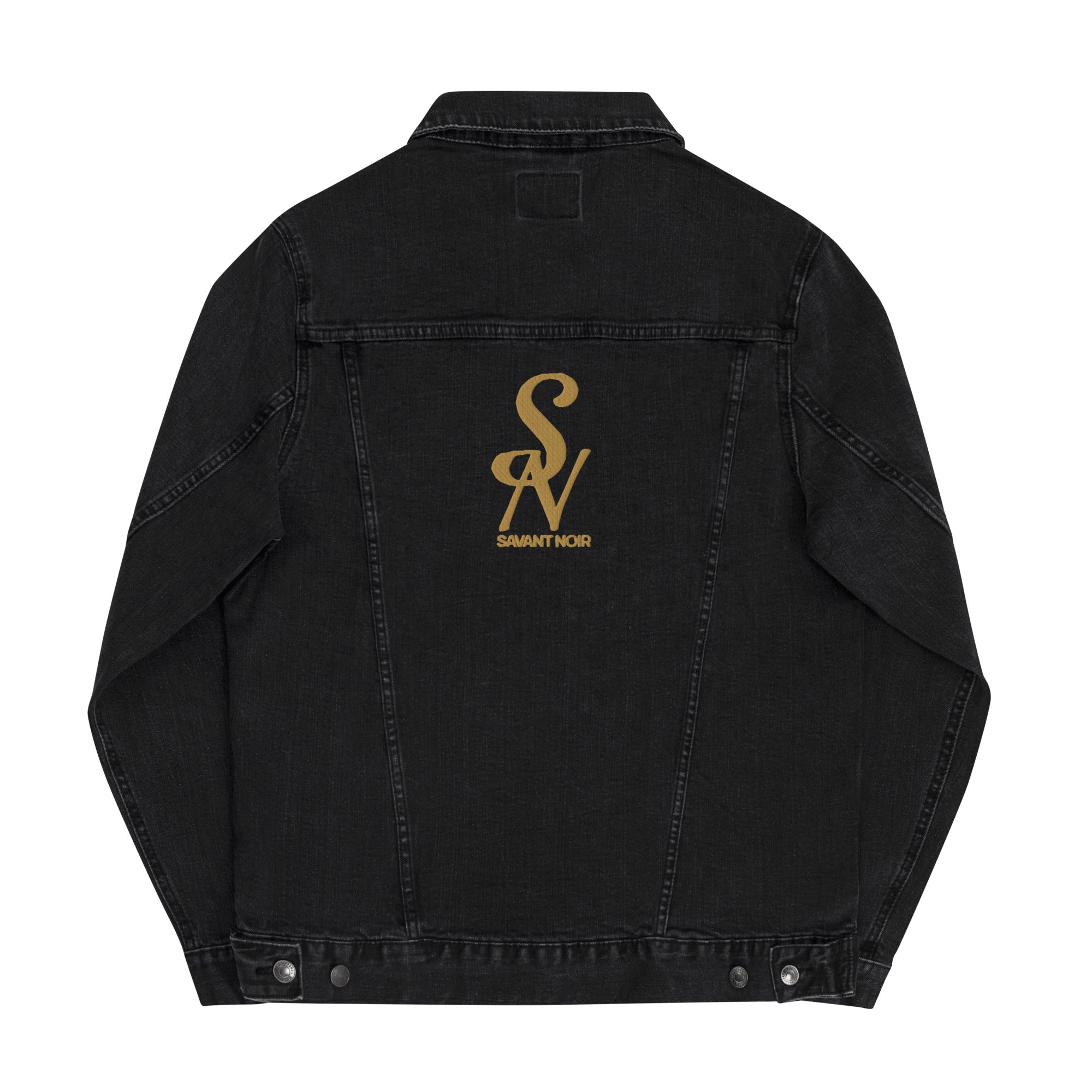 SAVANT NOIR luxury black denim jacket showing back with gold logo detail